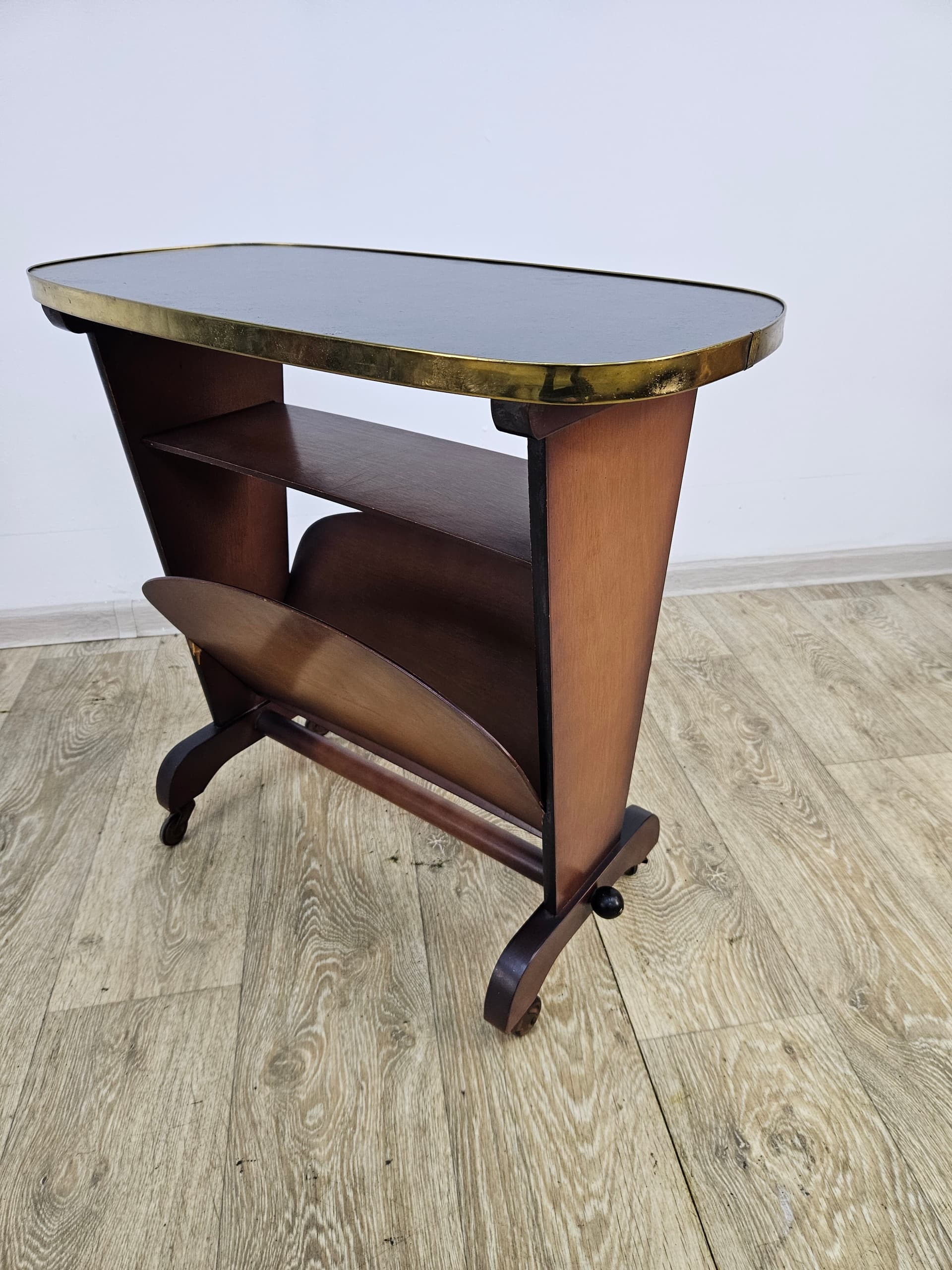 Side Table Rockabilly, brown plywood, black plastic, gold brass, Germany, 1960s. - 363866
