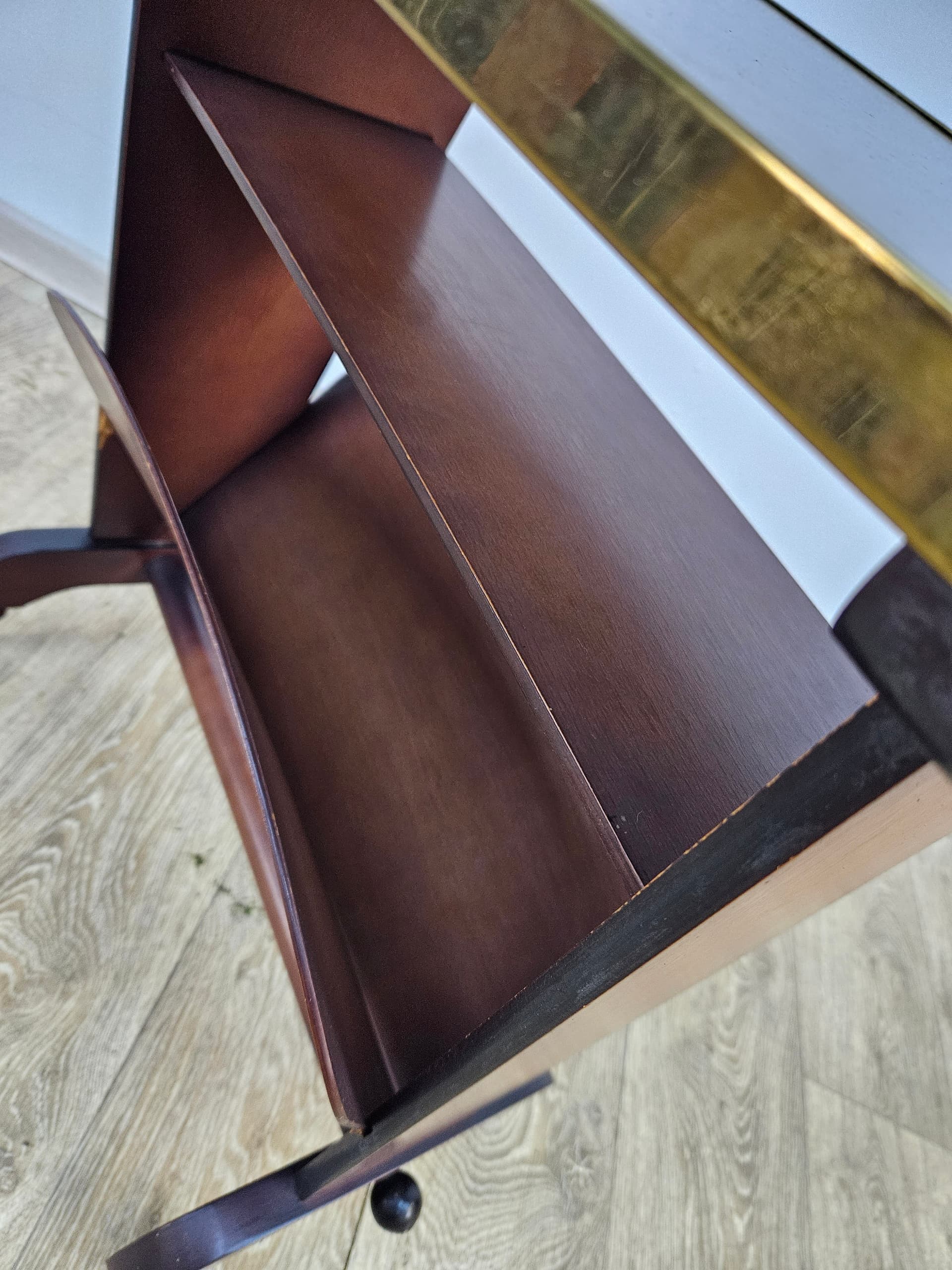 Side Table Rockabilly, brown plywood, black plastic, gold brass, Germany, 1960s. - 363871