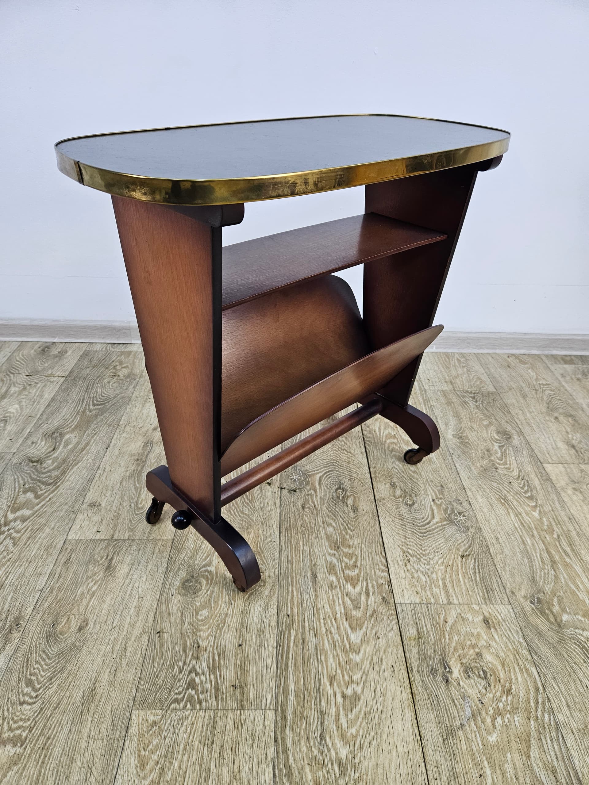 Side Table Rockabilly, brown plywood, black plastic, gold brass, Germany, 1960s. - 363869