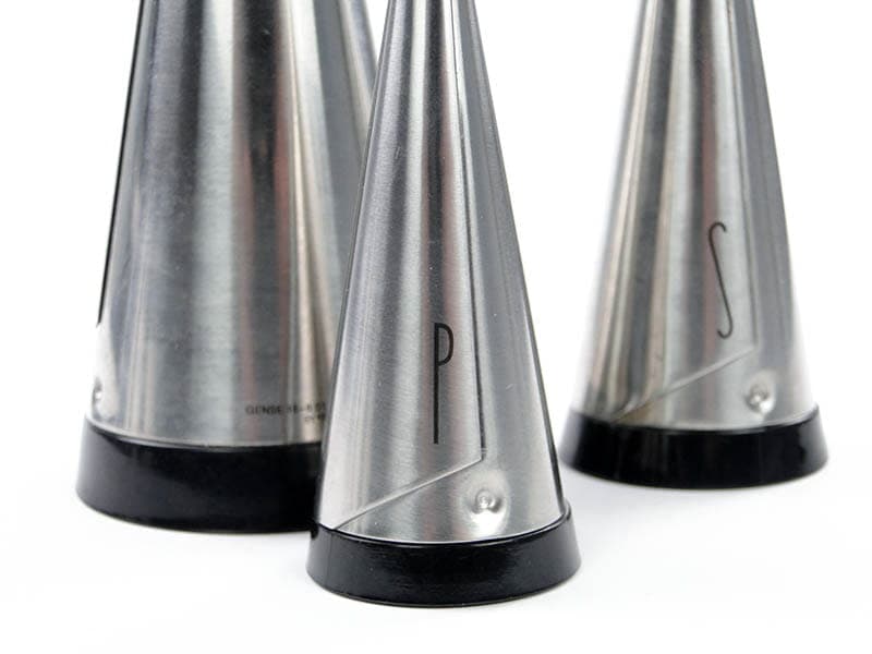 Set of Three Spice Containers, stainless steel silver, plastic black, by P. Forssell, Sweden, 2000s - 363880