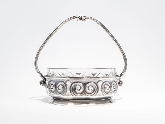 Art Nouveau Basket, matte silver, brass, glass, Poland, early 20th century - DIMENSION