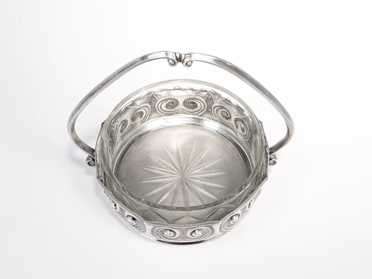 Art Nouveau Basket, matte silver, brass, glass, Poland, early 20th century - 363909