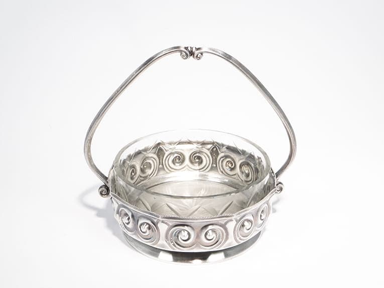 Art Nouveau Basket, matte silver, brass, glass, Poland, early 20th century - 363904
