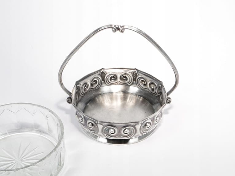 Art Nouveau Basket, matte silver, brass, glass, Poland, early 20th century - 363908