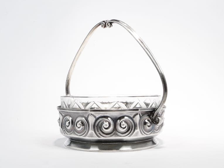 Art Nouveau Basket, matte silver, brass, glass, Poland, early 20th century - 363905