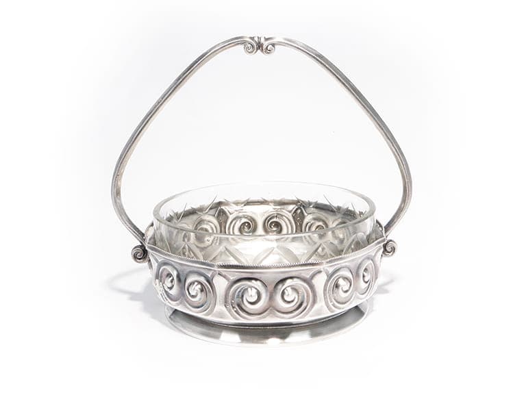 Art Nouveau Basket, matte silver, brass, glass, Poland, early 20th century - 363902
