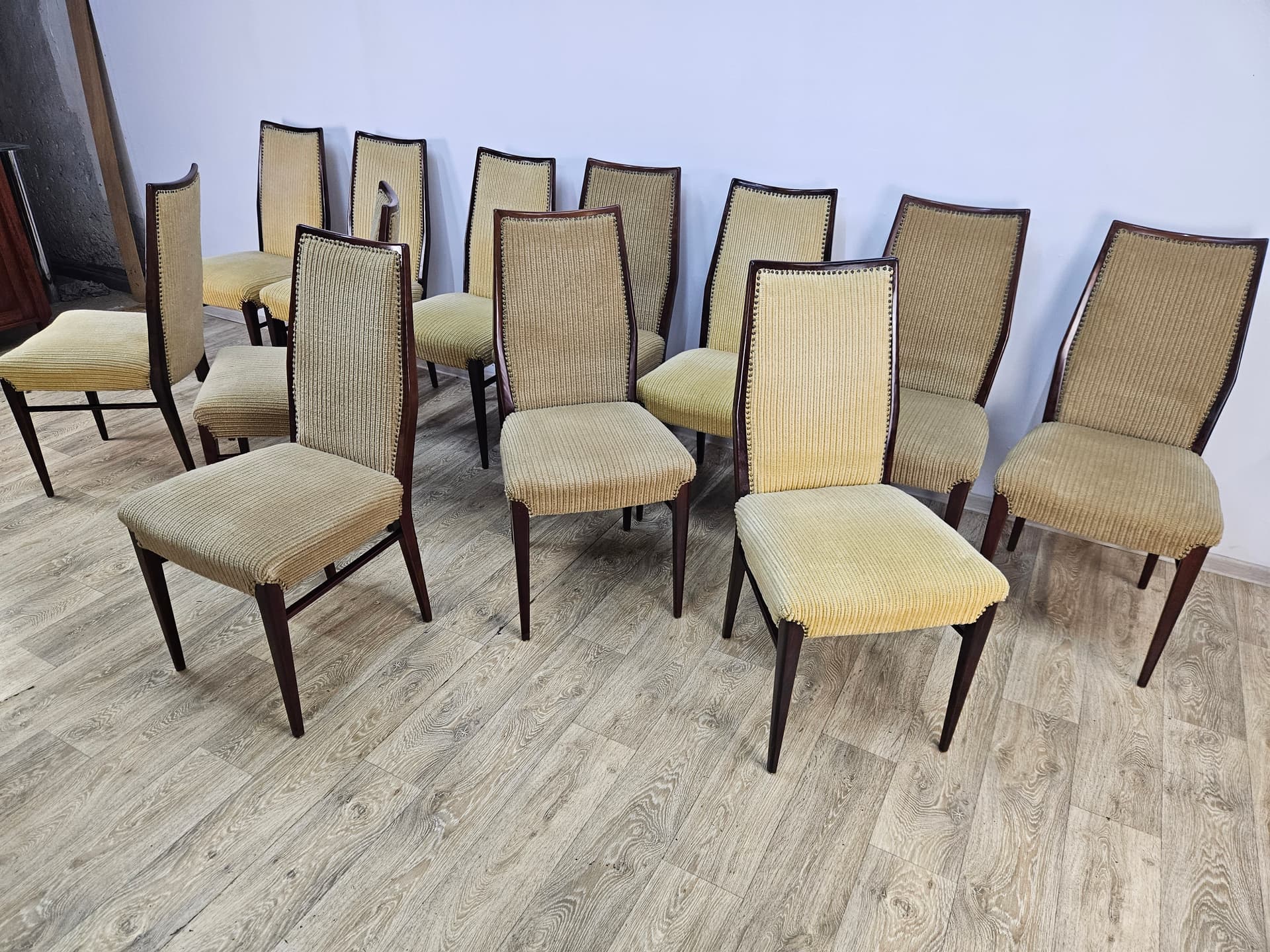 Set of twelve chairs, brown rosewood, beige fabric, Denmark, 1960s. - 364021
