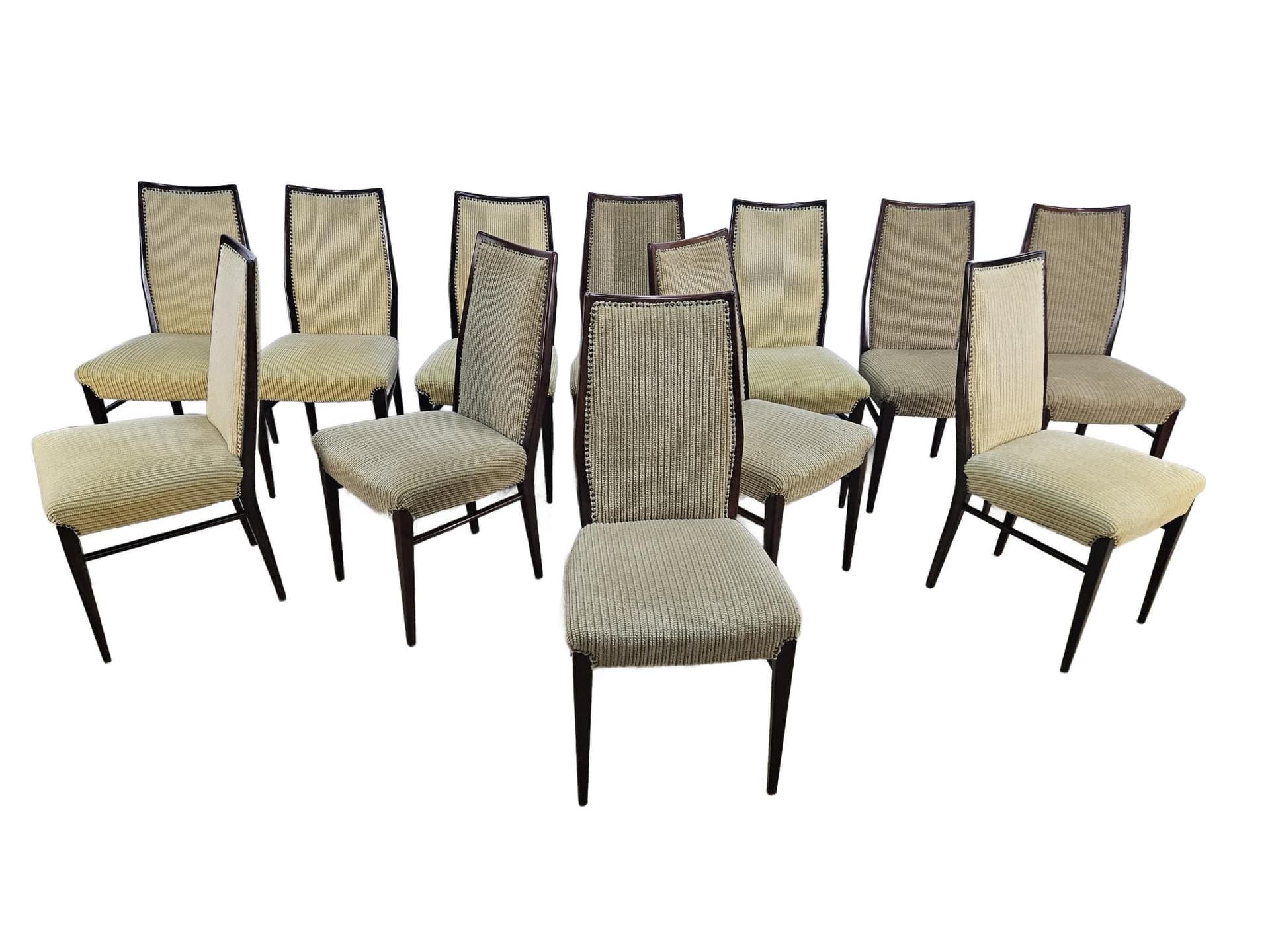 Set of twelve chairs, brown rosewood, beige fabric, Denmark, 1960s.