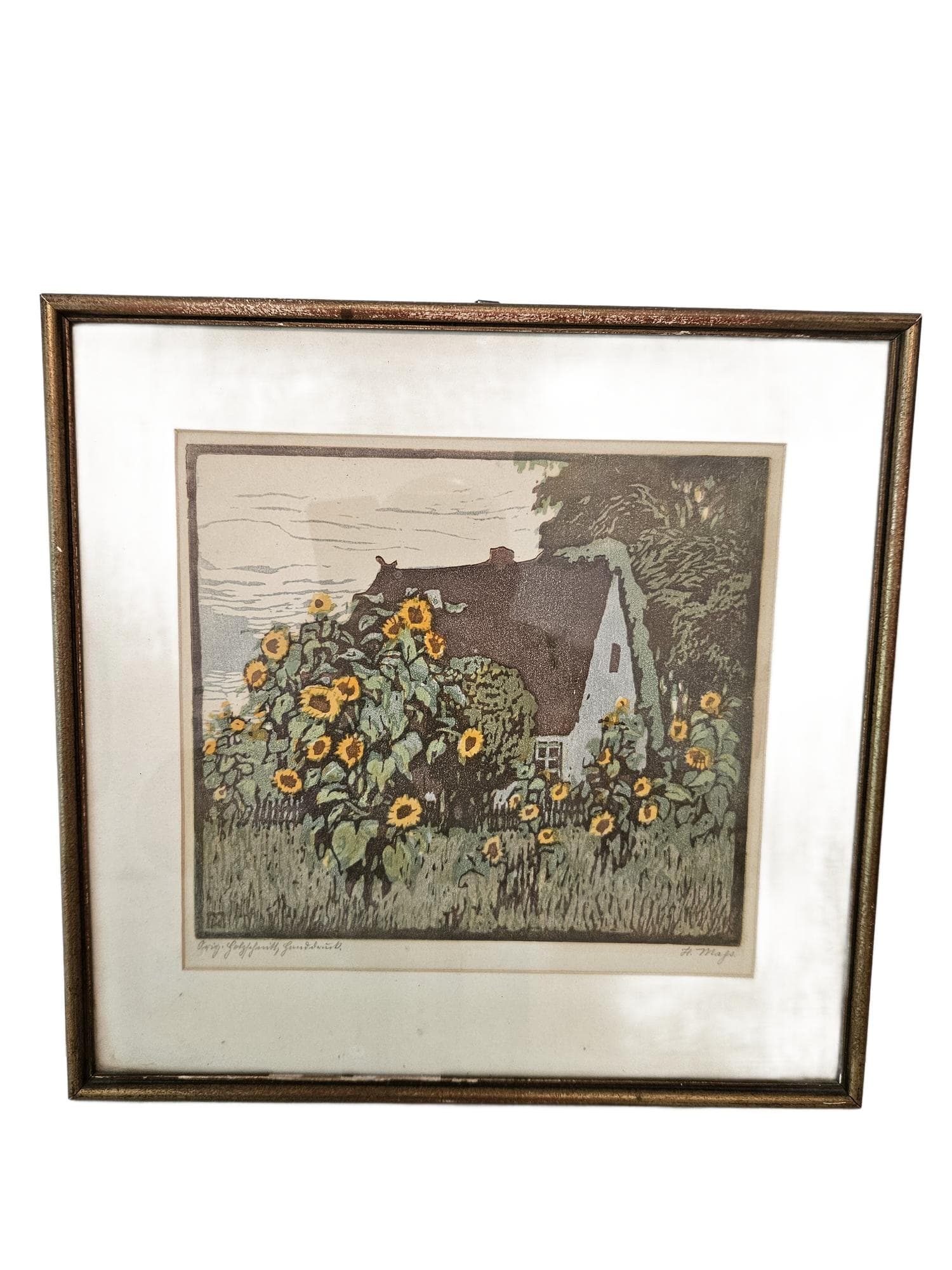 Lithograph, brown green yellow beige grey, paper wood, by H. Majs, United Kingdom, 1940s.