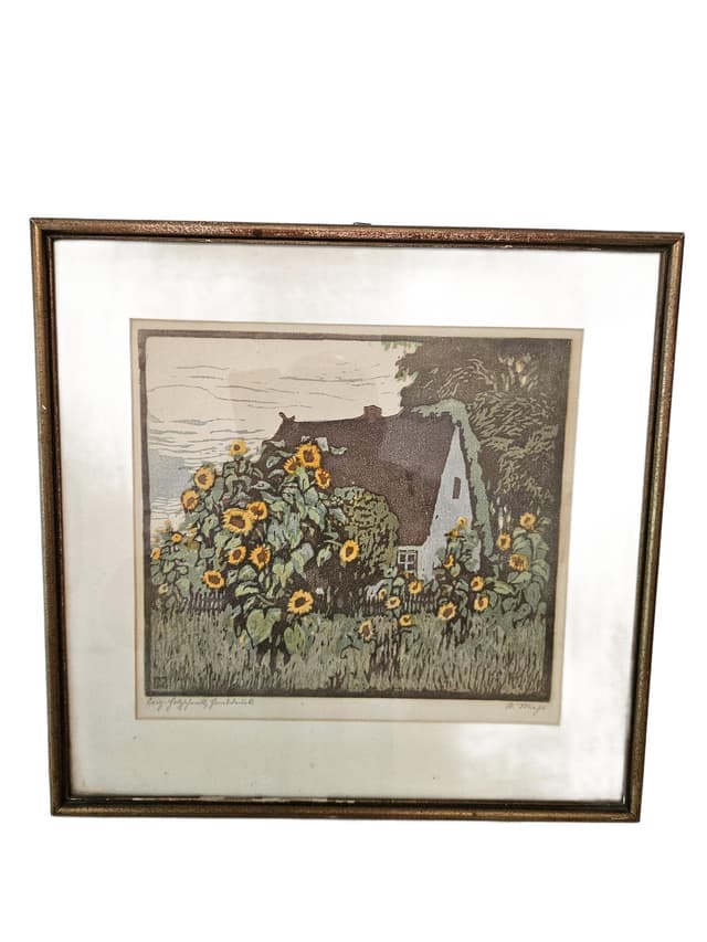 Lithograph, brown green yellow beige grey, paper wood, by H. Majs, United Kingdom, 1940s. - DIMENSION