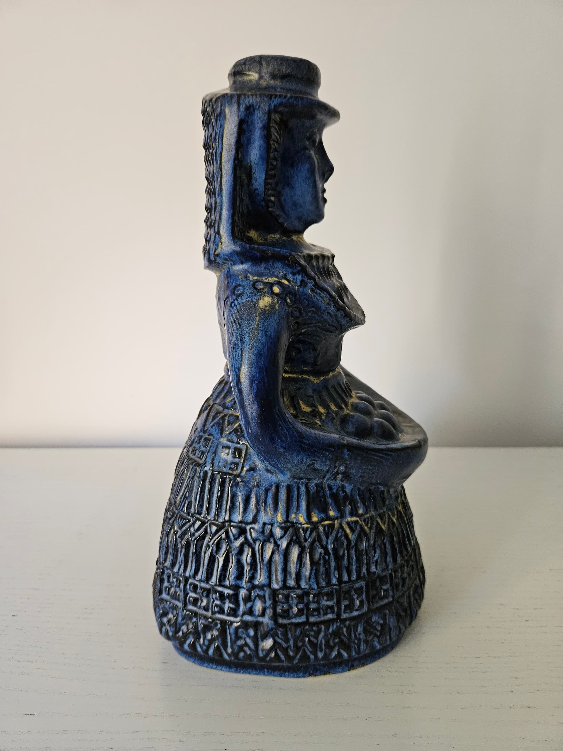 Figurine Woman with Fruit Basket, blue ceramic, Bay Keramik, Germany, 1960s. - 364036