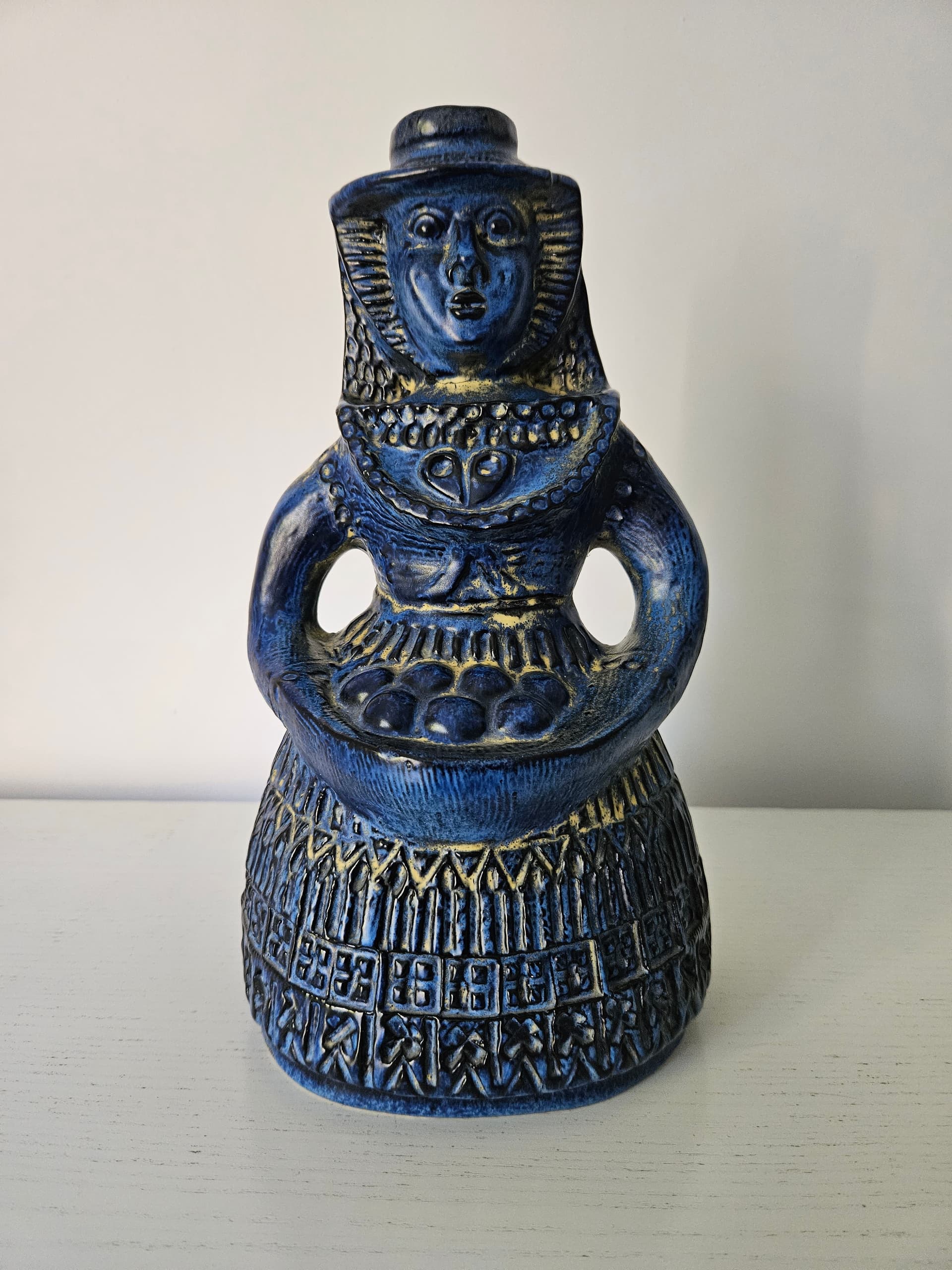 Figurine Woman with Fruit Basket, blue ceramic, Bay Keramik, Germany, 1960s. - 364041