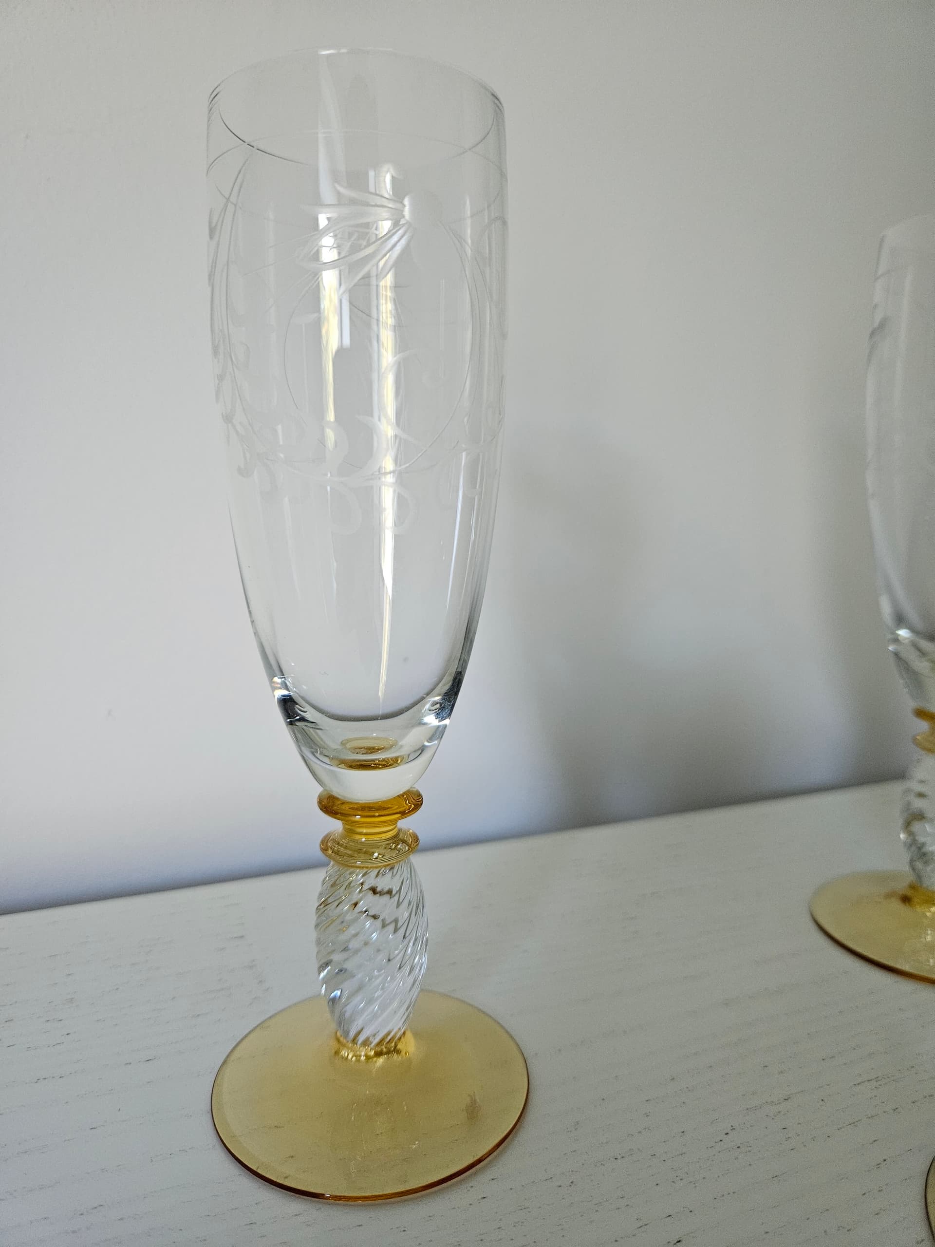 Set of six champagne glasses Pieroth Römer Exclusiv, clear and gold crystal, Theresienthal, Germany, 1970s. - 364062