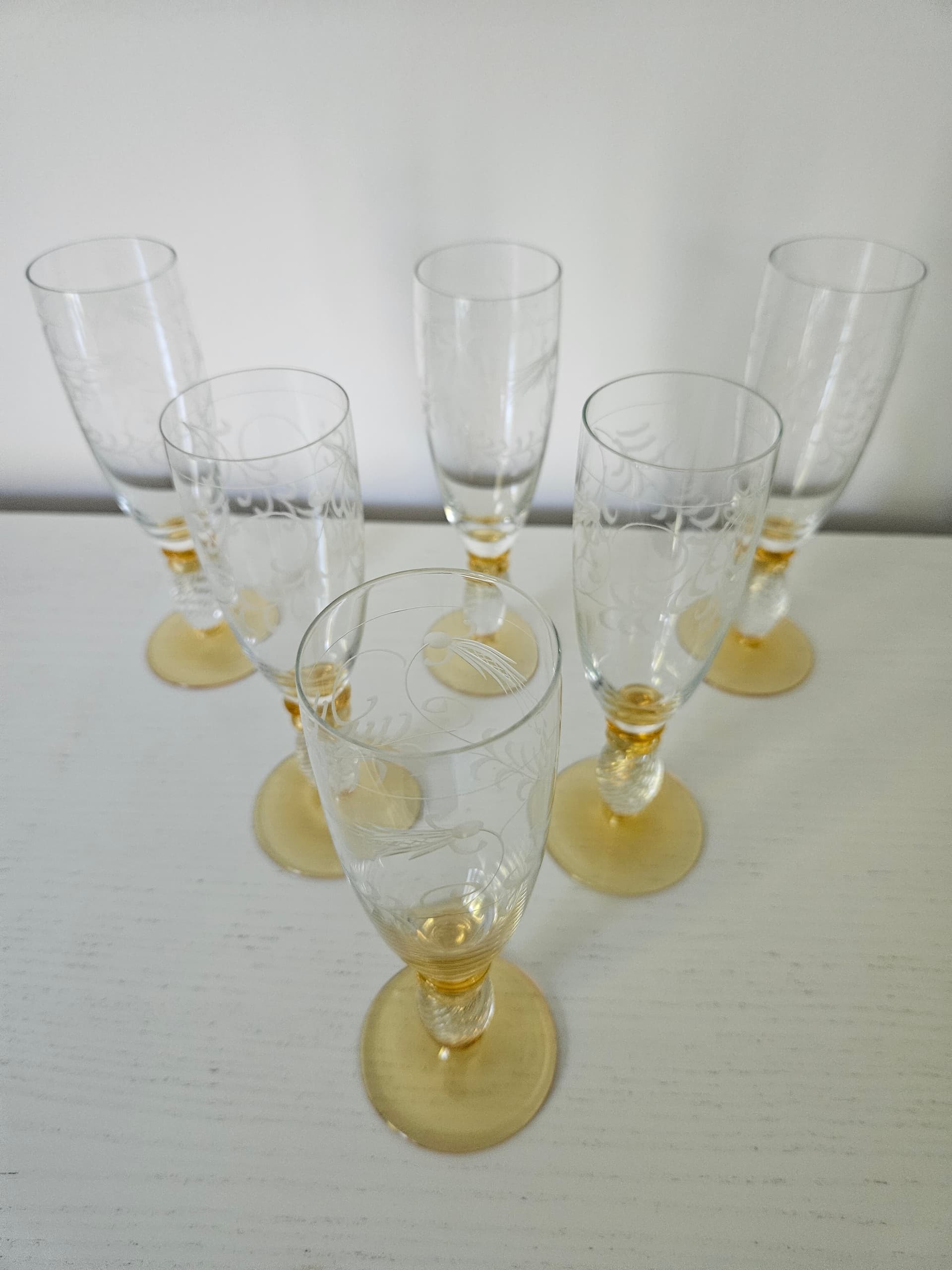 Set of six champagne glasses Pieroth Römer Exclusiv, clear and gold crystal, Theresienthal, Germany, 1970s. - 364061