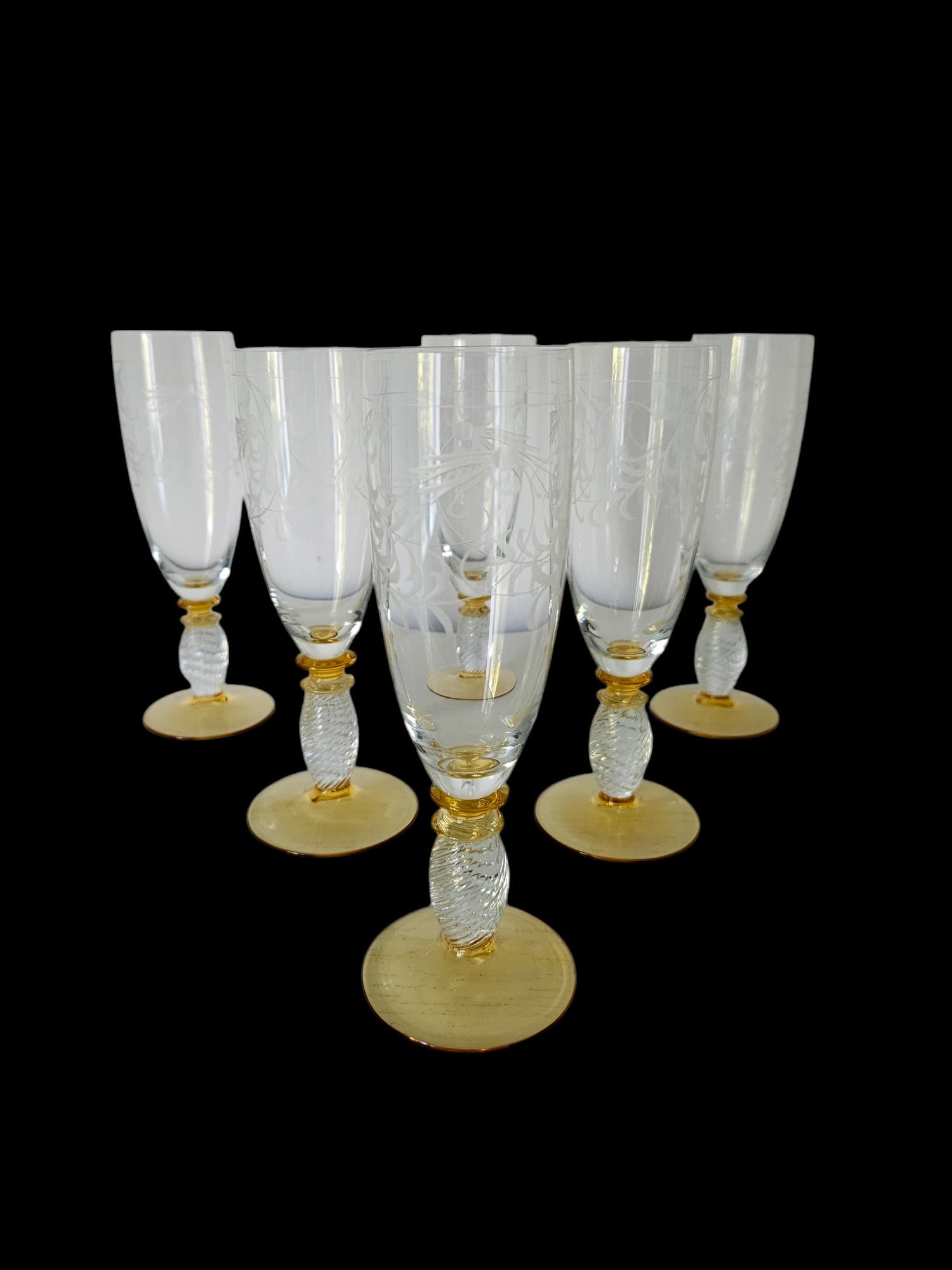 Set of six champagne glasses Pieroth Römer Exclusiv, clear and gold crystal, Theresienthal, Germany, 1970s. - 364056