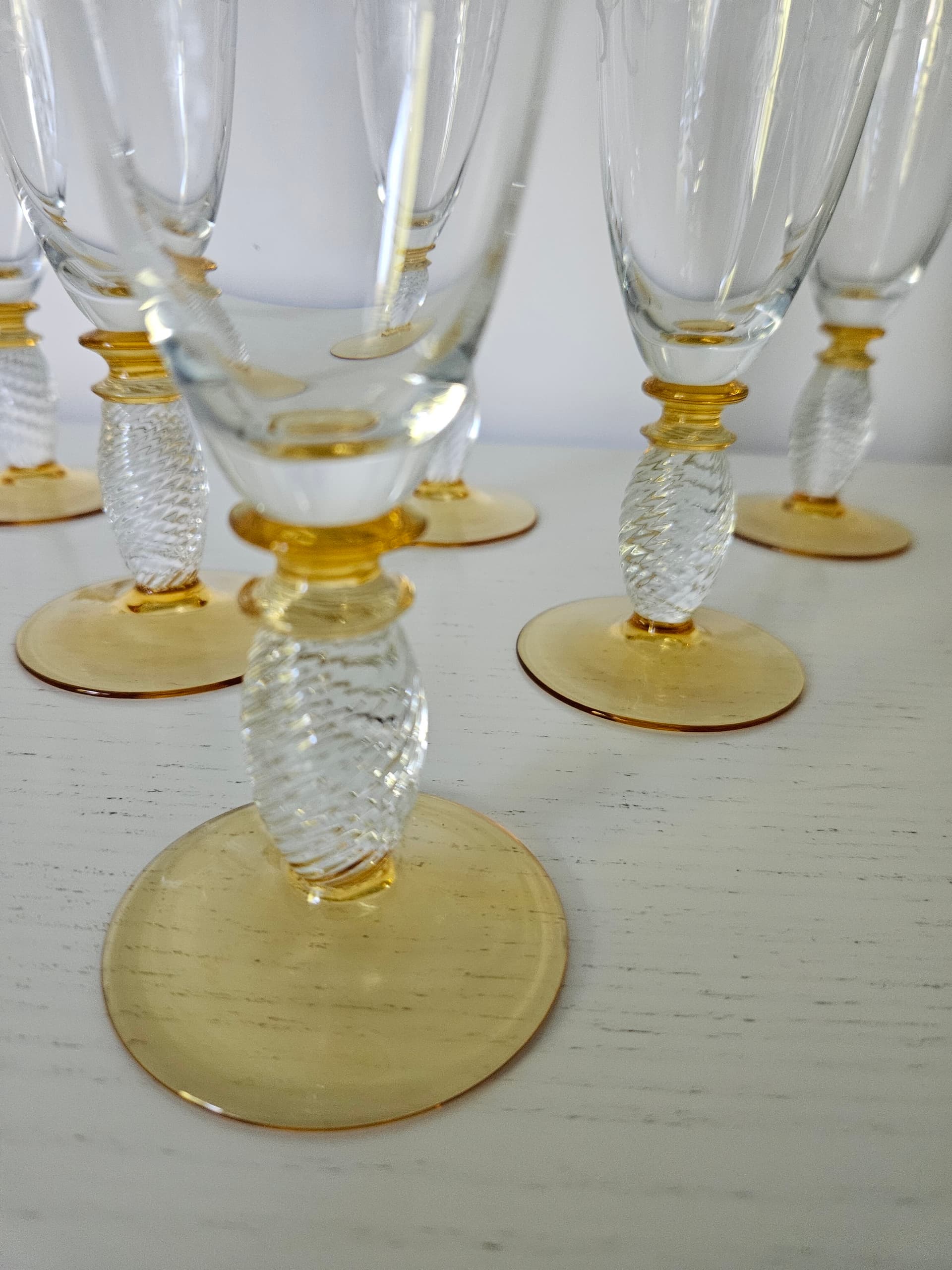 Set of six champagne glasses Pieroth Römer Exclusiv, clear and gold crystal, Theresienthal, Germany, 1970s. - 364063