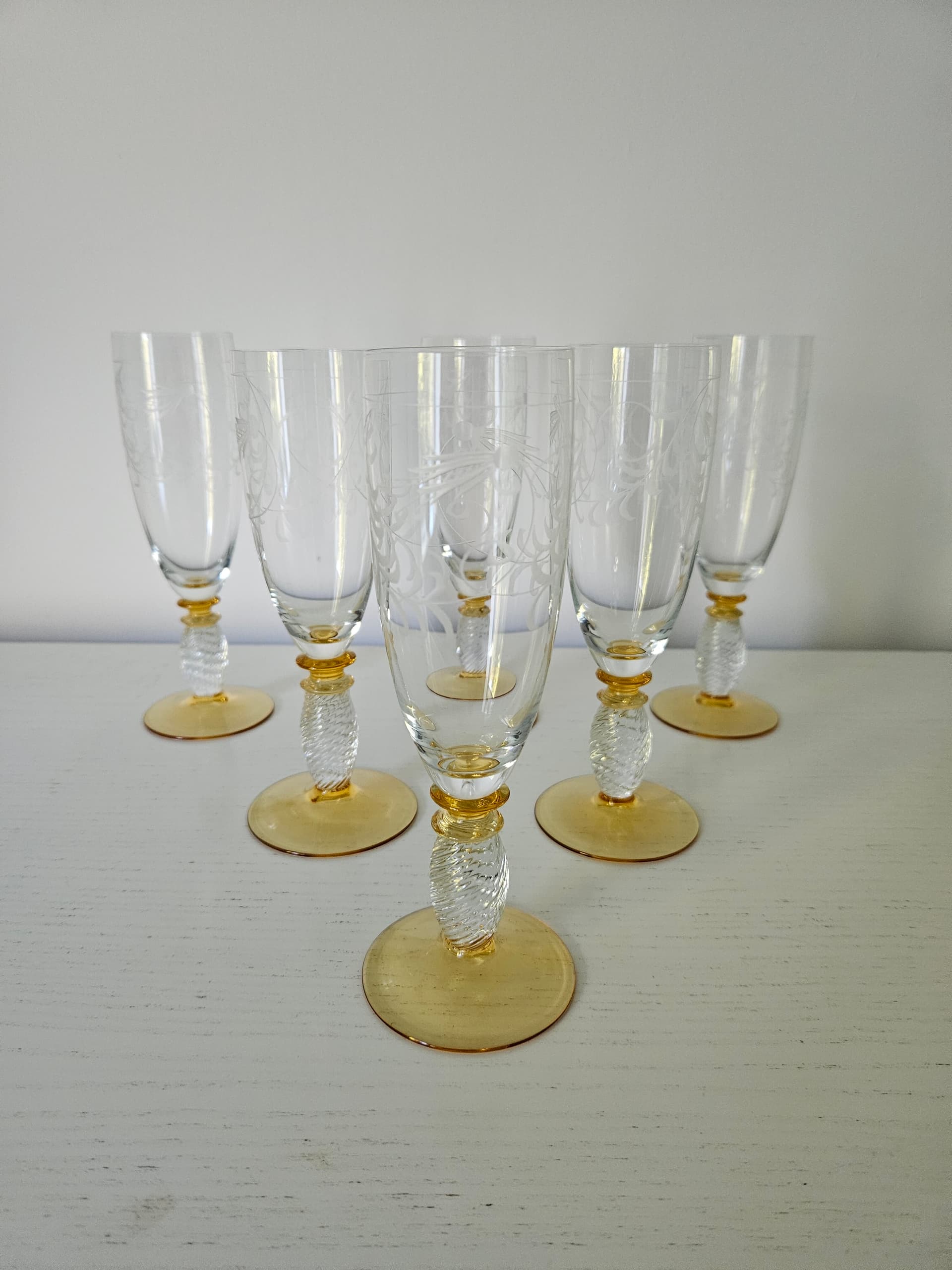 Set of six champagne glasses Pieroth Römer Exclusiv, clear and gold crystal, Theresienthal, Germany, 1970s. - 364058