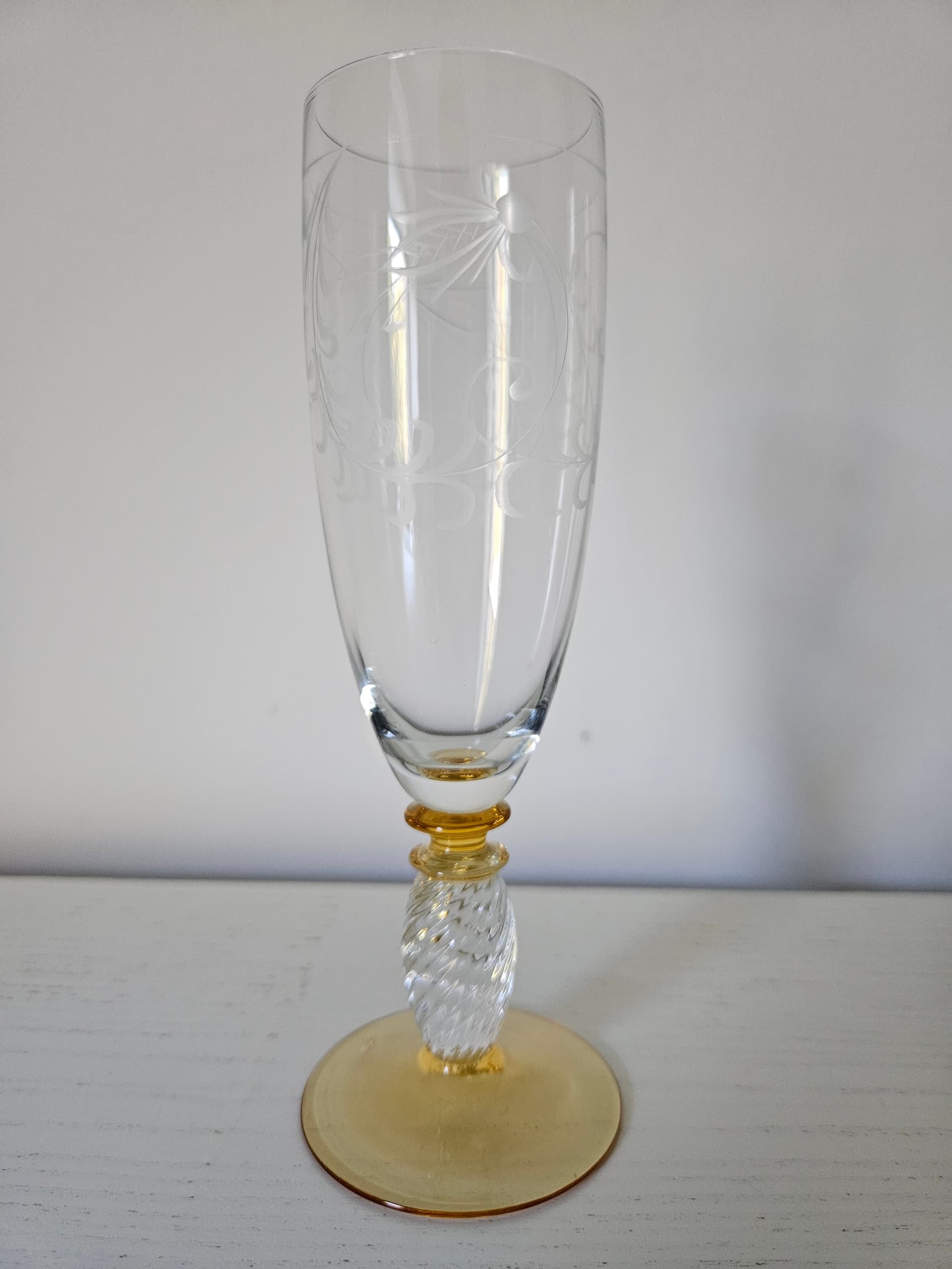 Set of six champagne glasses Pieroth Römer Exclusiv, clear and gold crystal, Theresienthal, Germany, 1970s. - 364057