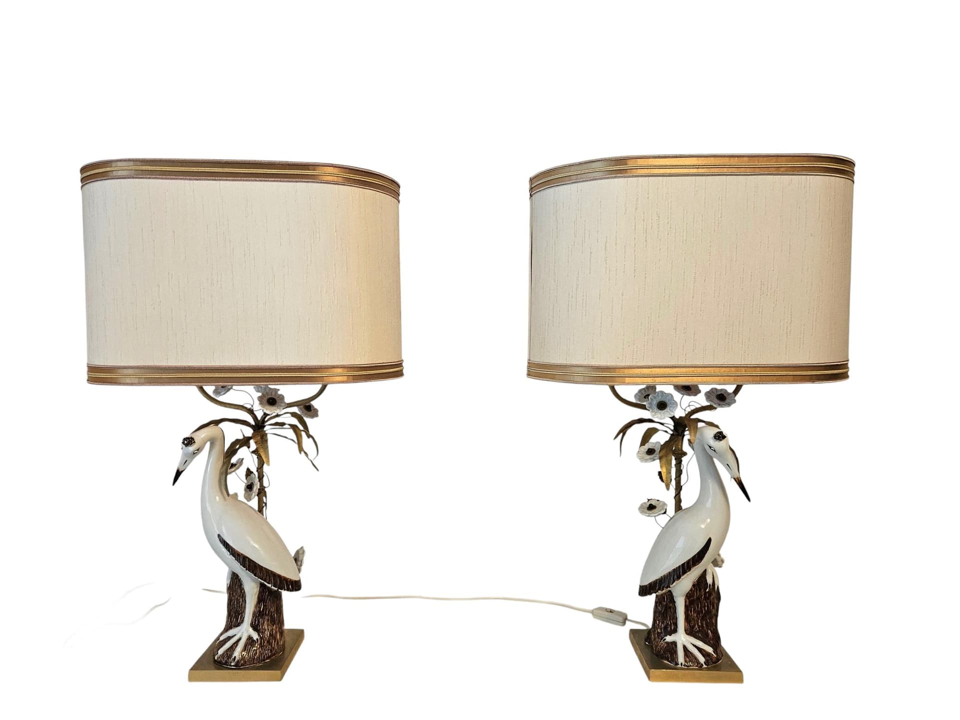 Pair of table lamps, white porcelain, gold metal, Italy, 1970s.