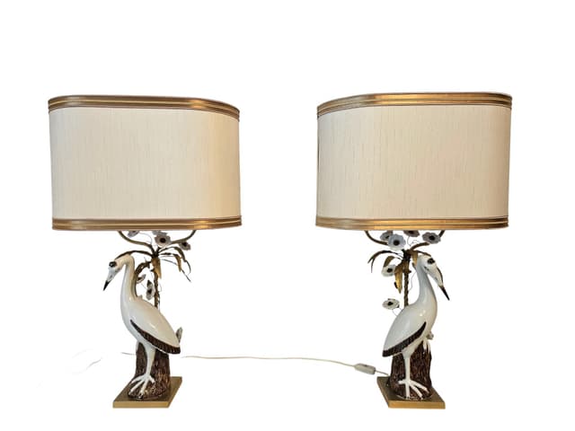 Pair of table lamps, white porcelain, gold metal, Italy, 1970s. - DIMENSION