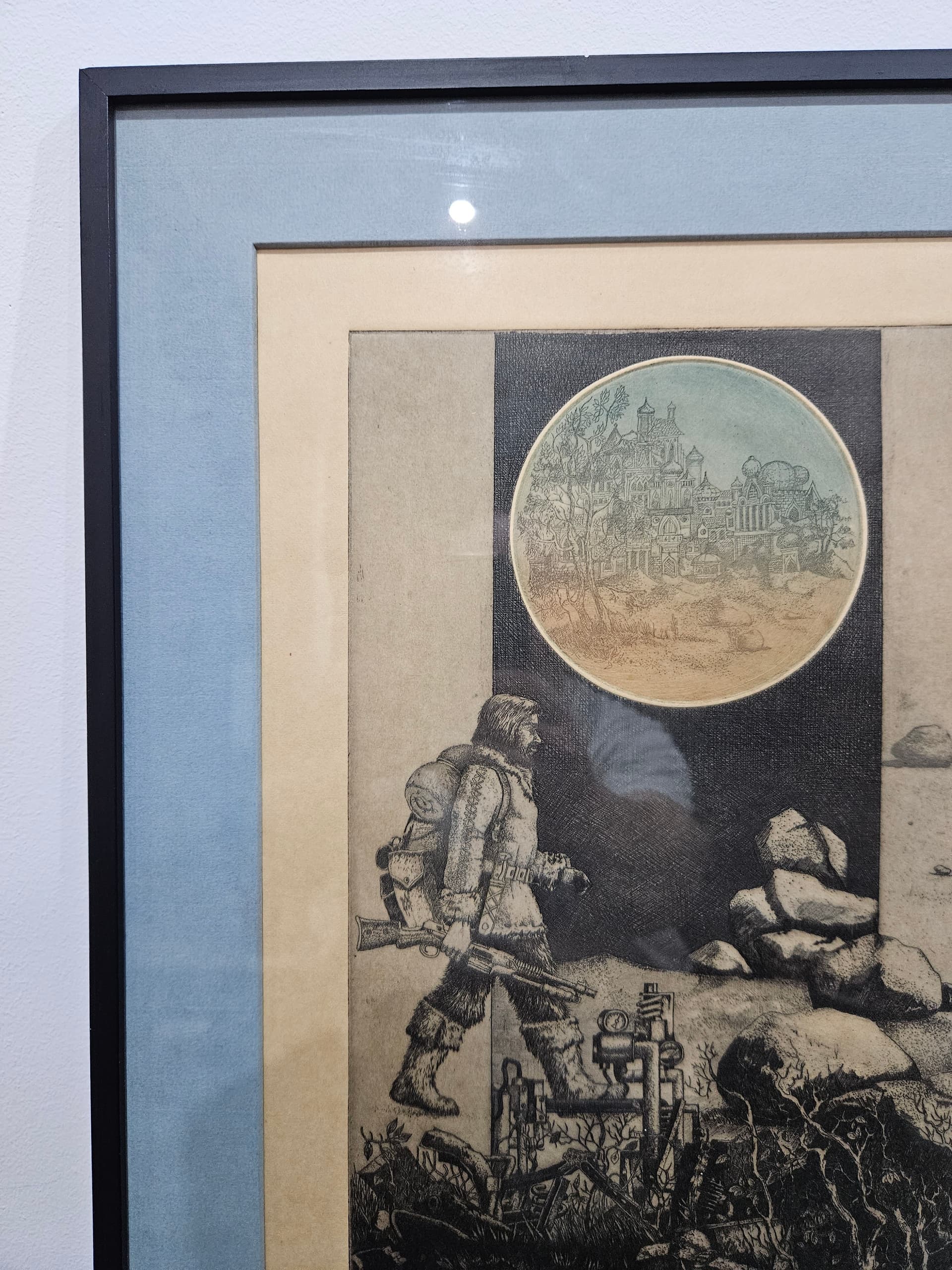Etching Wędrowiec III, 53.5x40 cm, black grey brown white blue green yellow beige paper, by K. Wieczorek, Poland, 1970s. - 364113