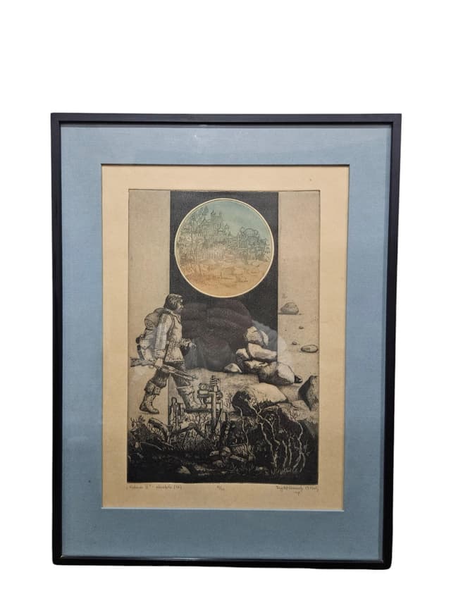 Etching Wędrowiec III, 53.5x40 cm, black grey brown white blue green yellow beige paper, by K. Wieczorek, Poland, 1970s. - DIMENSION
