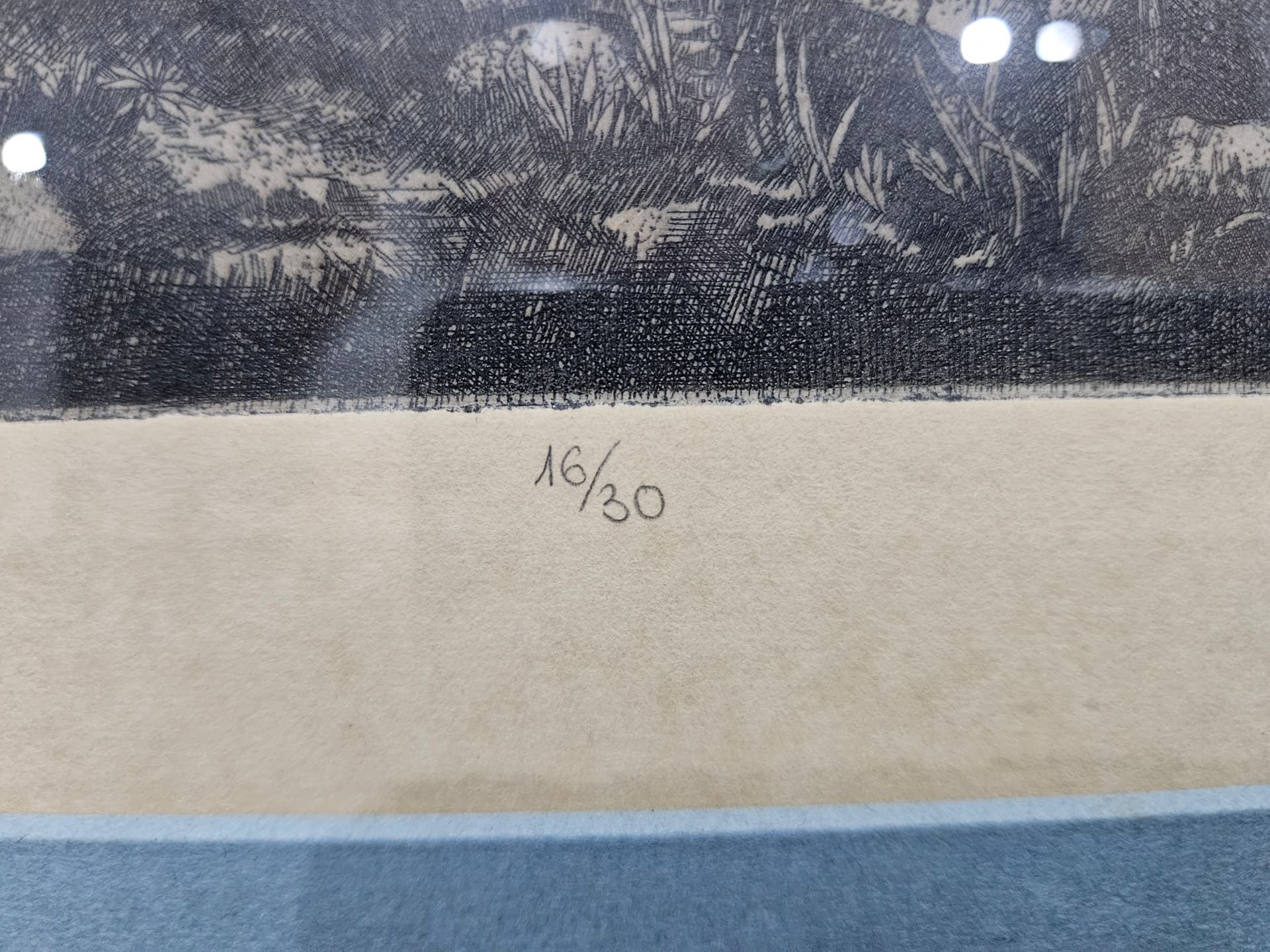 Etching Wędrowiec III, 53.5x40 cm, black grey brown white blue green yellow beige paper, by K. Wieczorek, Poland, 1970s. - 364115
