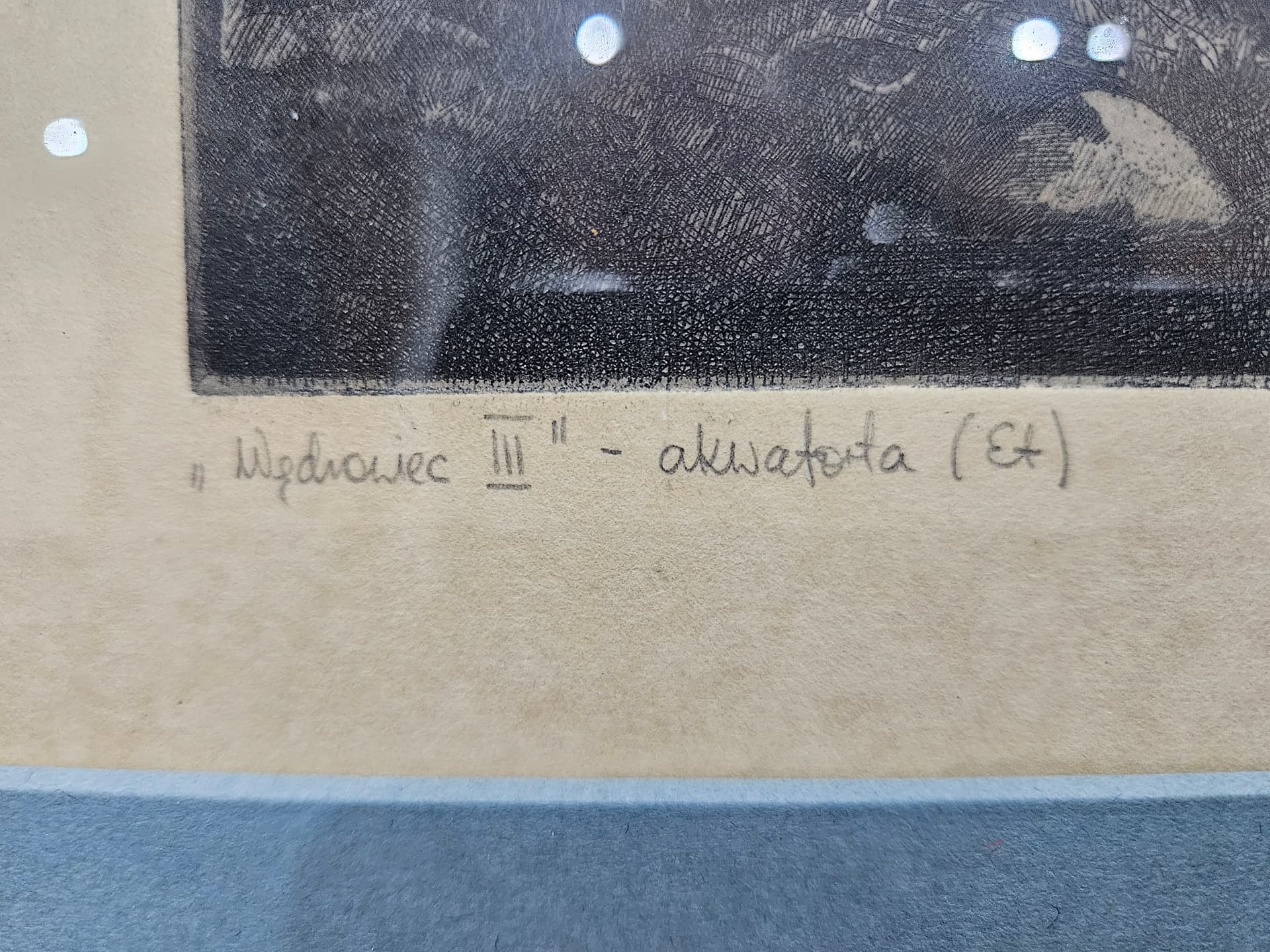 Etching Wędrowiec III, 53.5x40 cm, black grey brown white blue green yellow beige paper, by K. Wieczorek, Poland, 1970s. - 364118