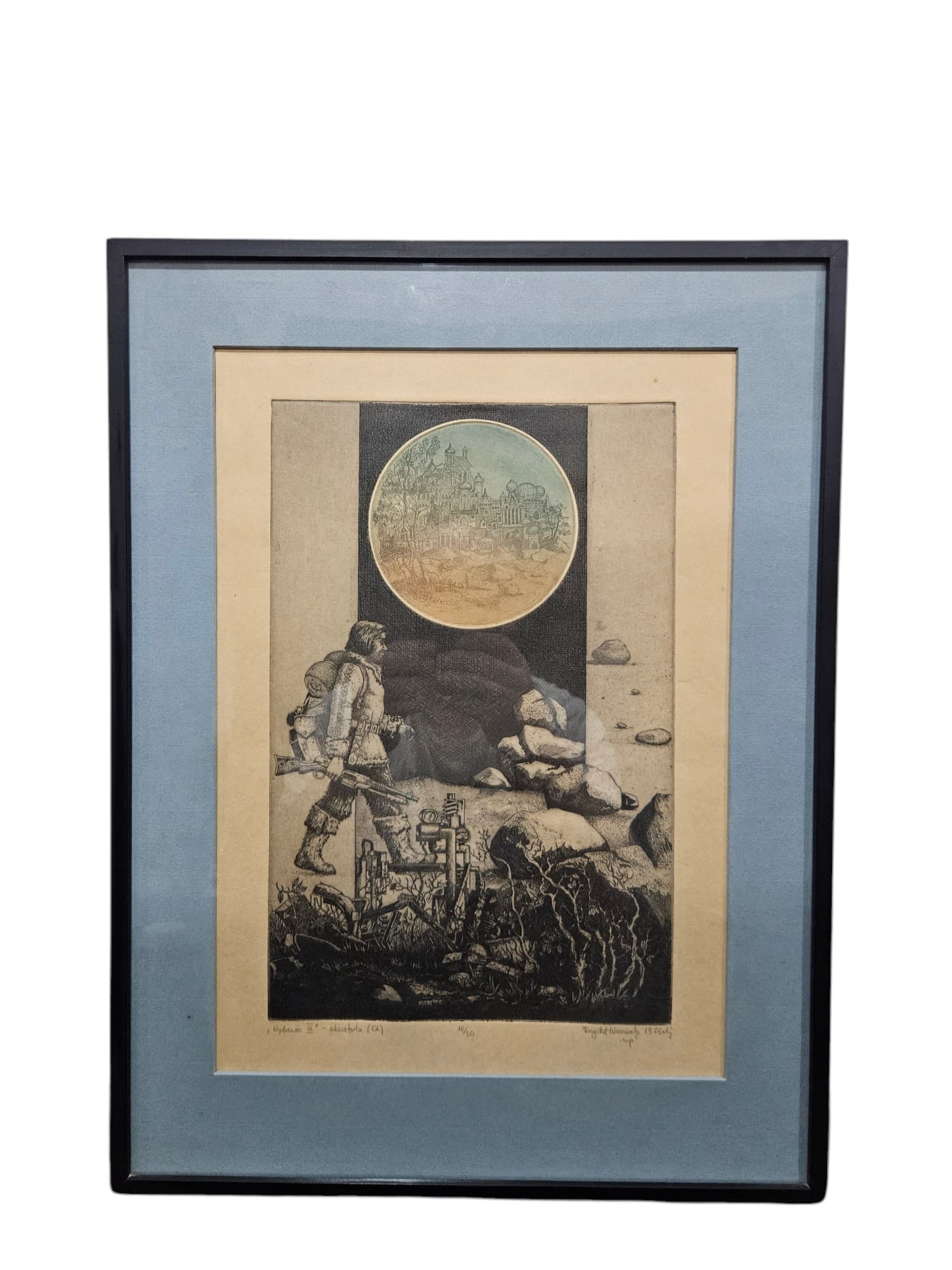 Etching Wędrowiec III, 53.5x40 cm, black grey brown white blue green yellow beige paper, by K. Wieczorek, Poland, 1970s. - 364110