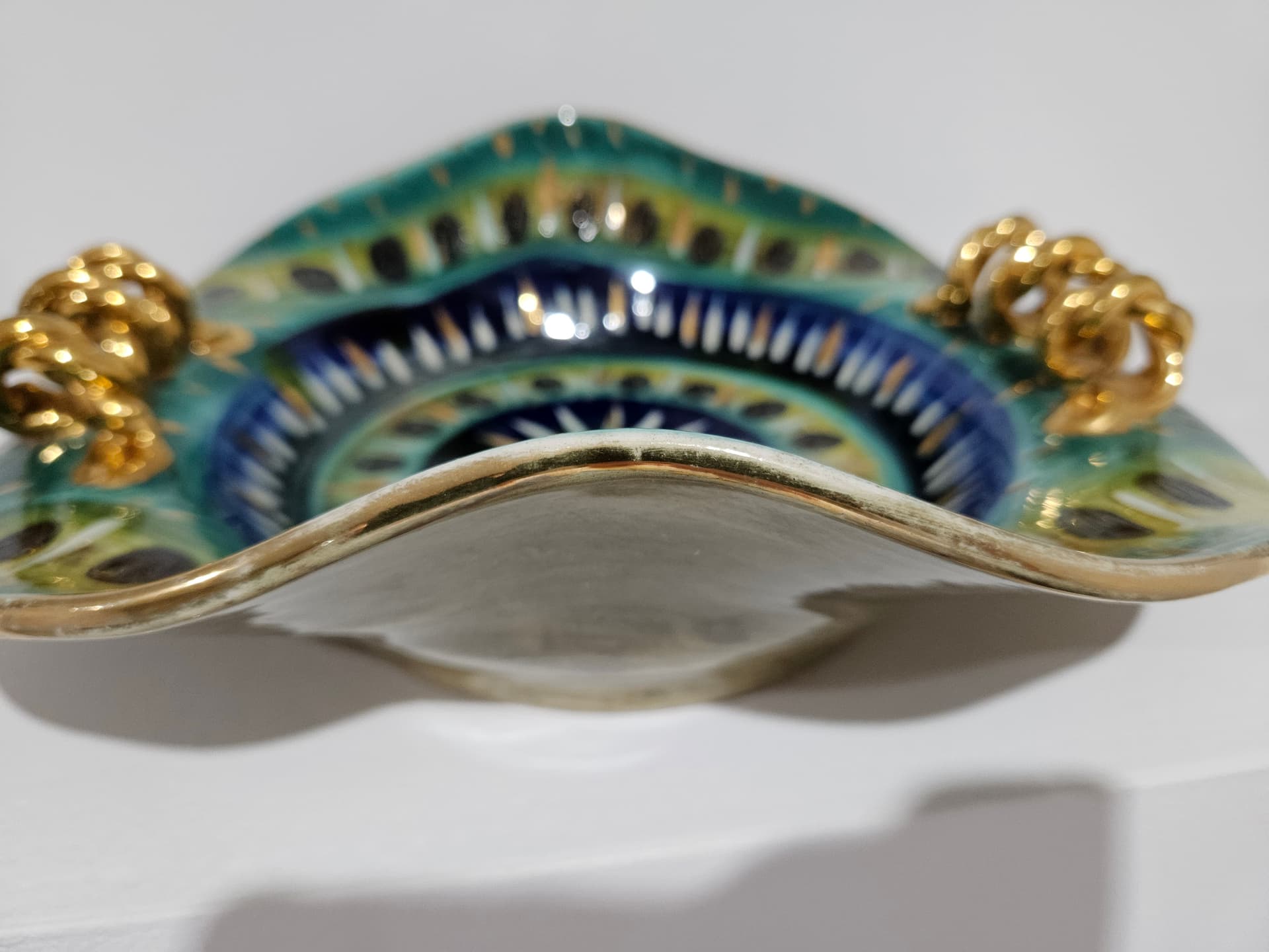 Centerpiece, H. Bequet Quaregnon, blue green yellow white black gold ceramic, Belgium, 1950s - 364153