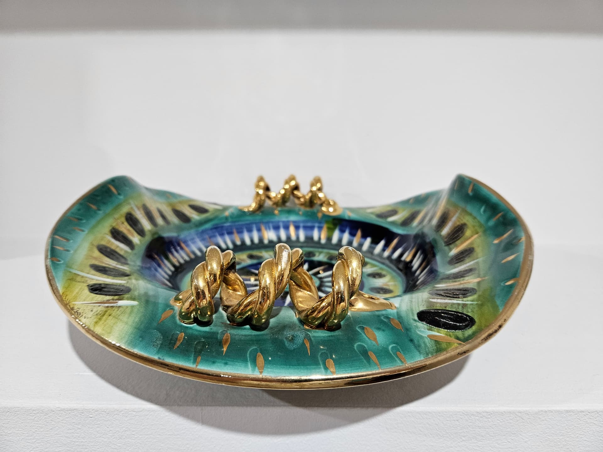 Centerpiece, H. Bequet Quaregnon, blue green yellow white black gold ceramic, Belgium, 1950s - 364162