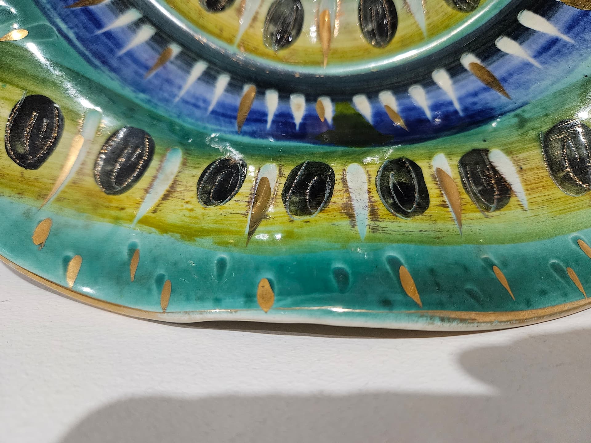 Centerpiece, H. Bequet Quaregnon, blue green yellow white black gold ceramic, Belgium, 1950s - 364155