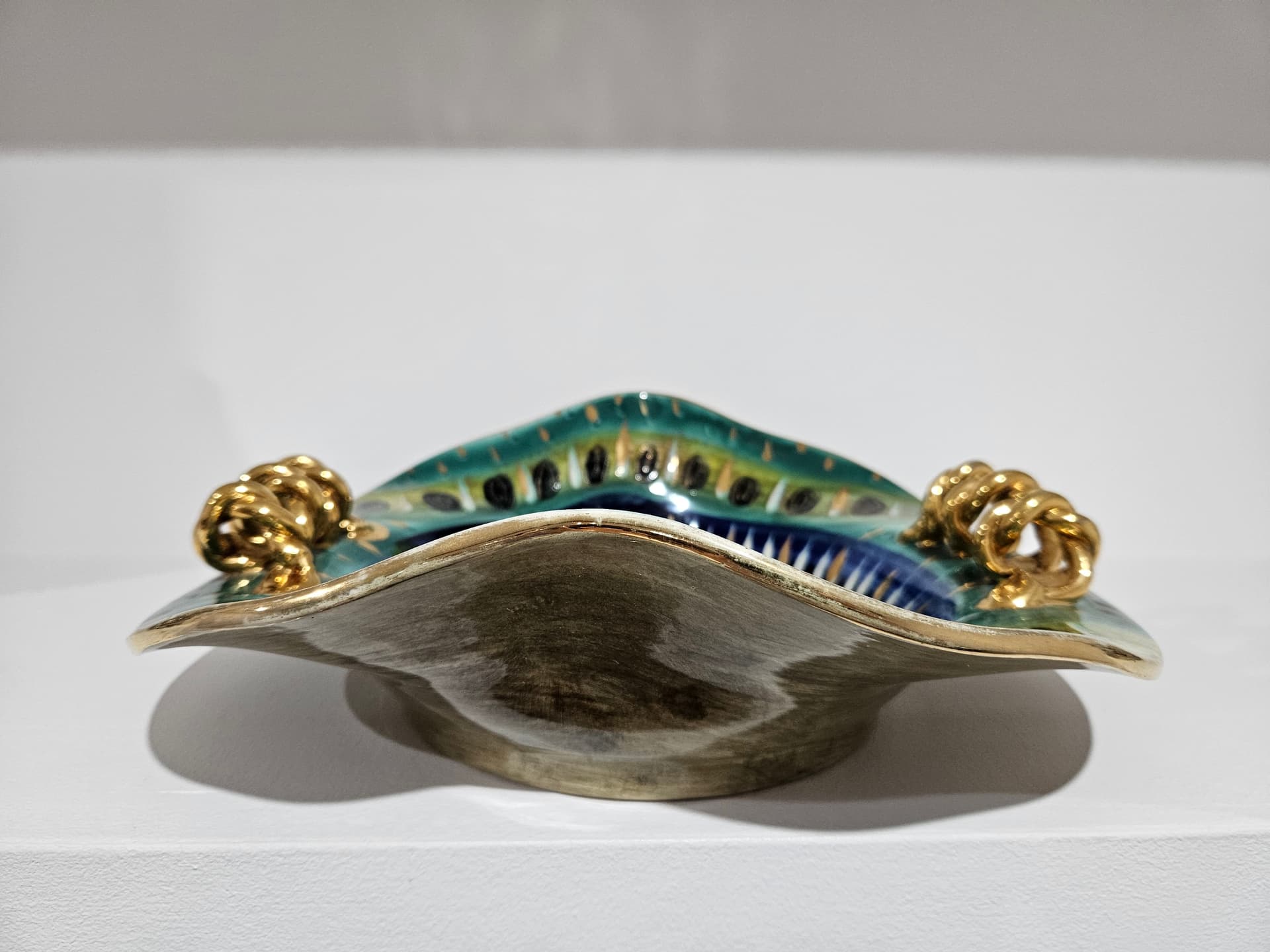 Centerpiece, H. Bequet Quaregnon, blue green yellow white black gold ceramic, Belgium, 1950s - 364154