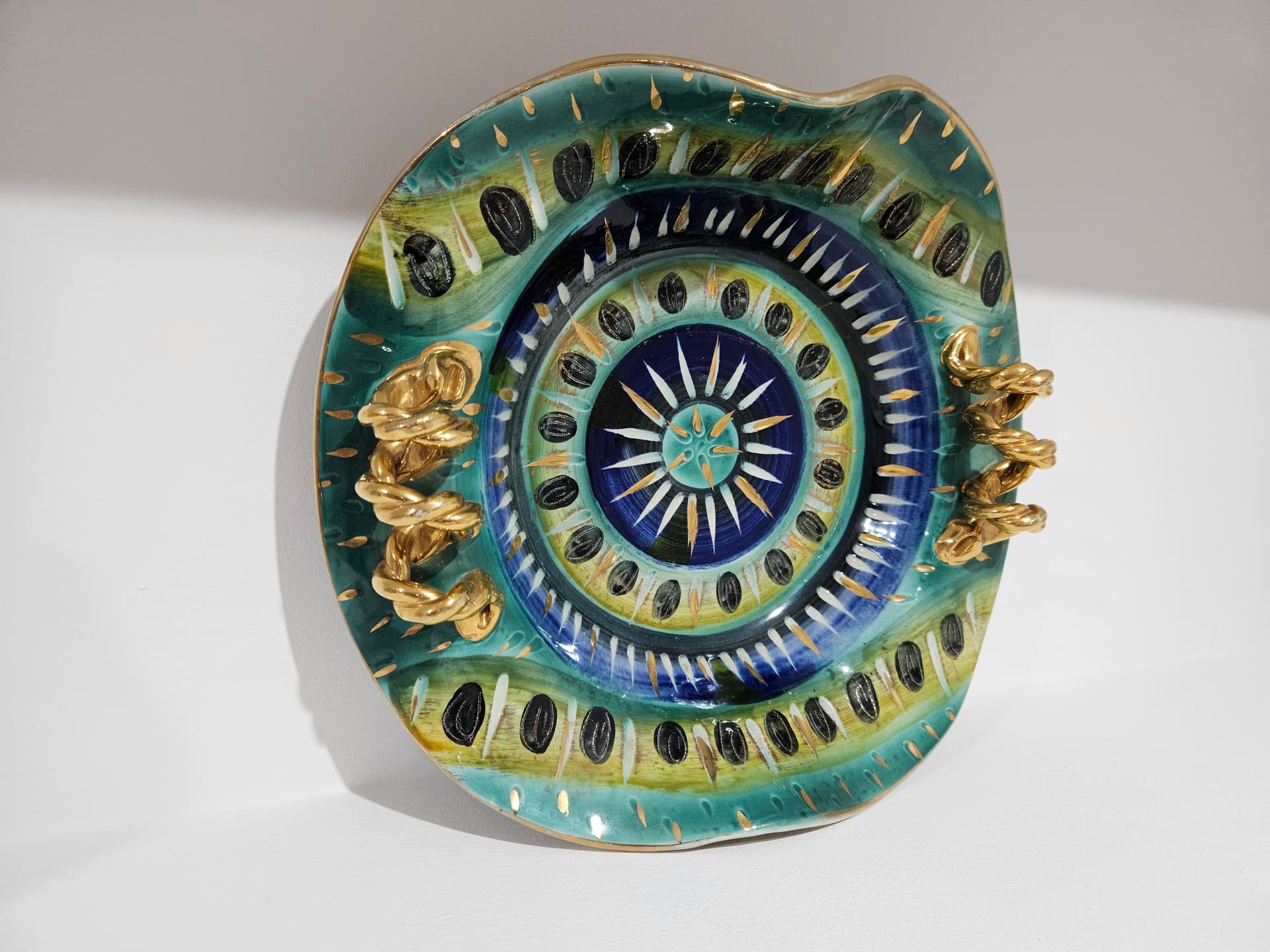Centerpiece, H. Bequet Quaregnon, blue green yellow white black gold ceramic, Belgium, 1950s - 364161