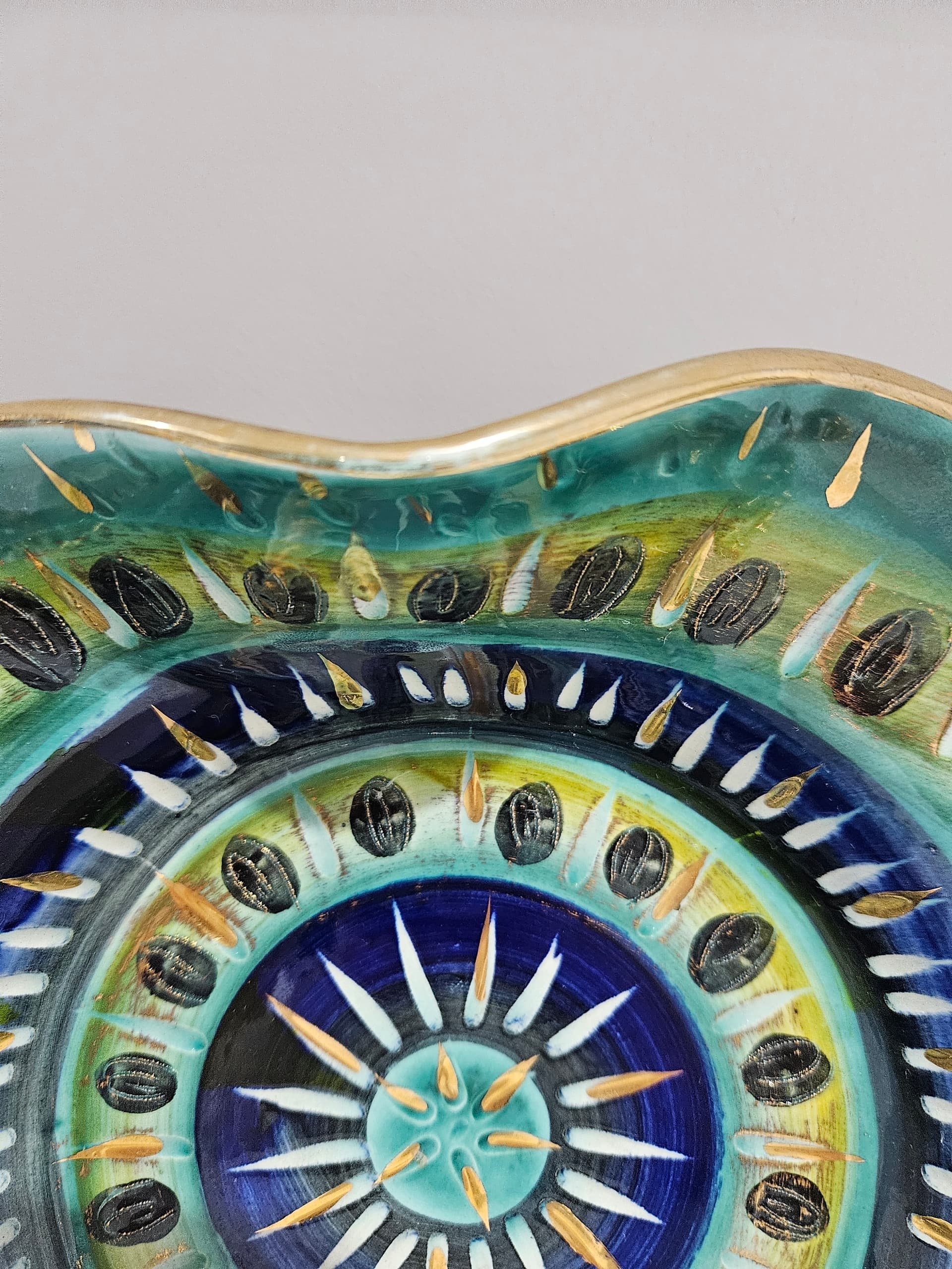 Centerpiece, H. Bequet Quaregnon, blue green yellow white black gold ceramic, Belgium, 1950s - 364151