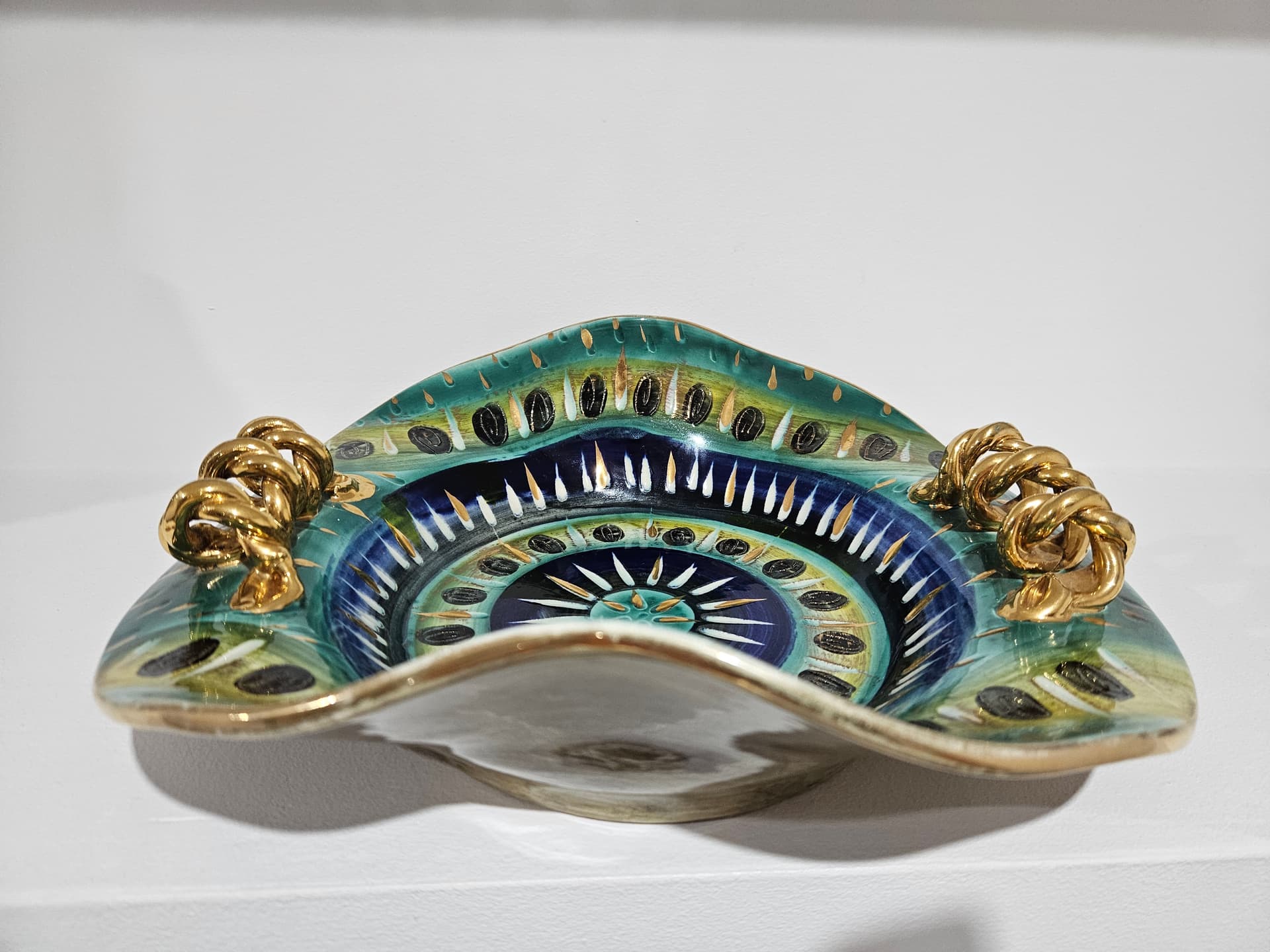 Centerpiece, H. Bequet Quaregnon, blue green yellow white black gold ceramic, Belgium, 1950s - 364160