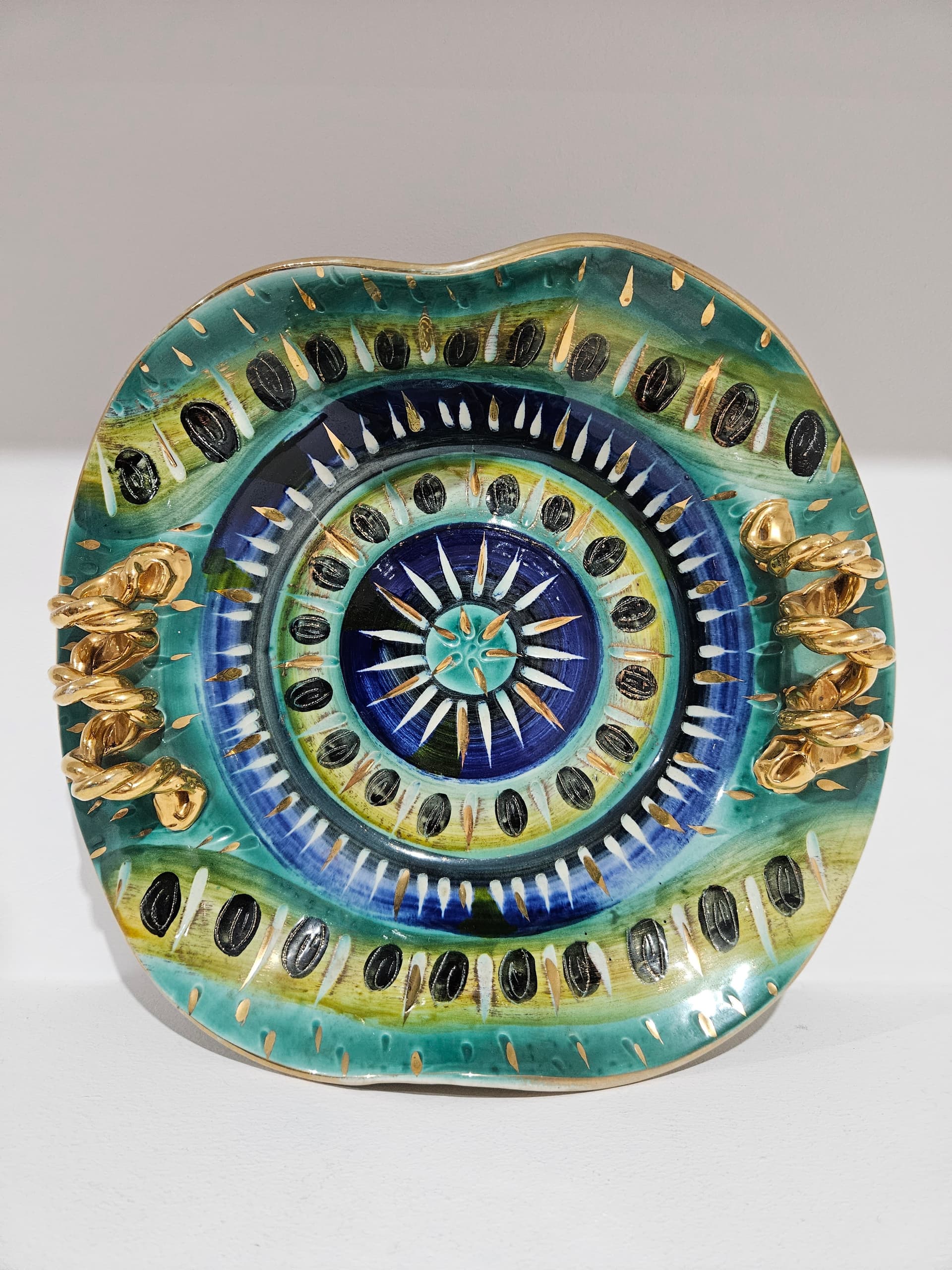Centerpiece, H. Bequet Quaregnon, blue green yellow white black gold ceramic, Belgium, 1950s - 364159