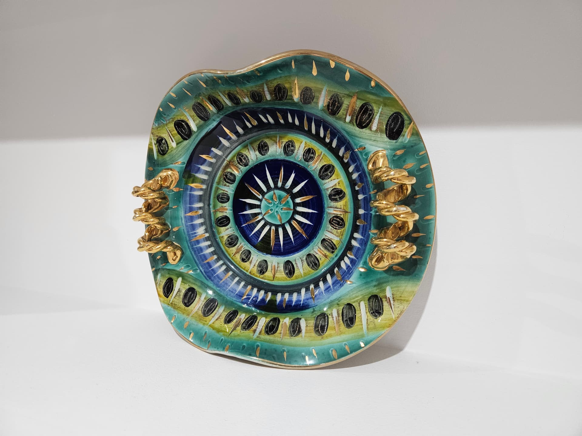 Centerpiece, H. Bequet Quaregnon, blue green yellow white black gold ceramic, Belgium, 1950s - 364156