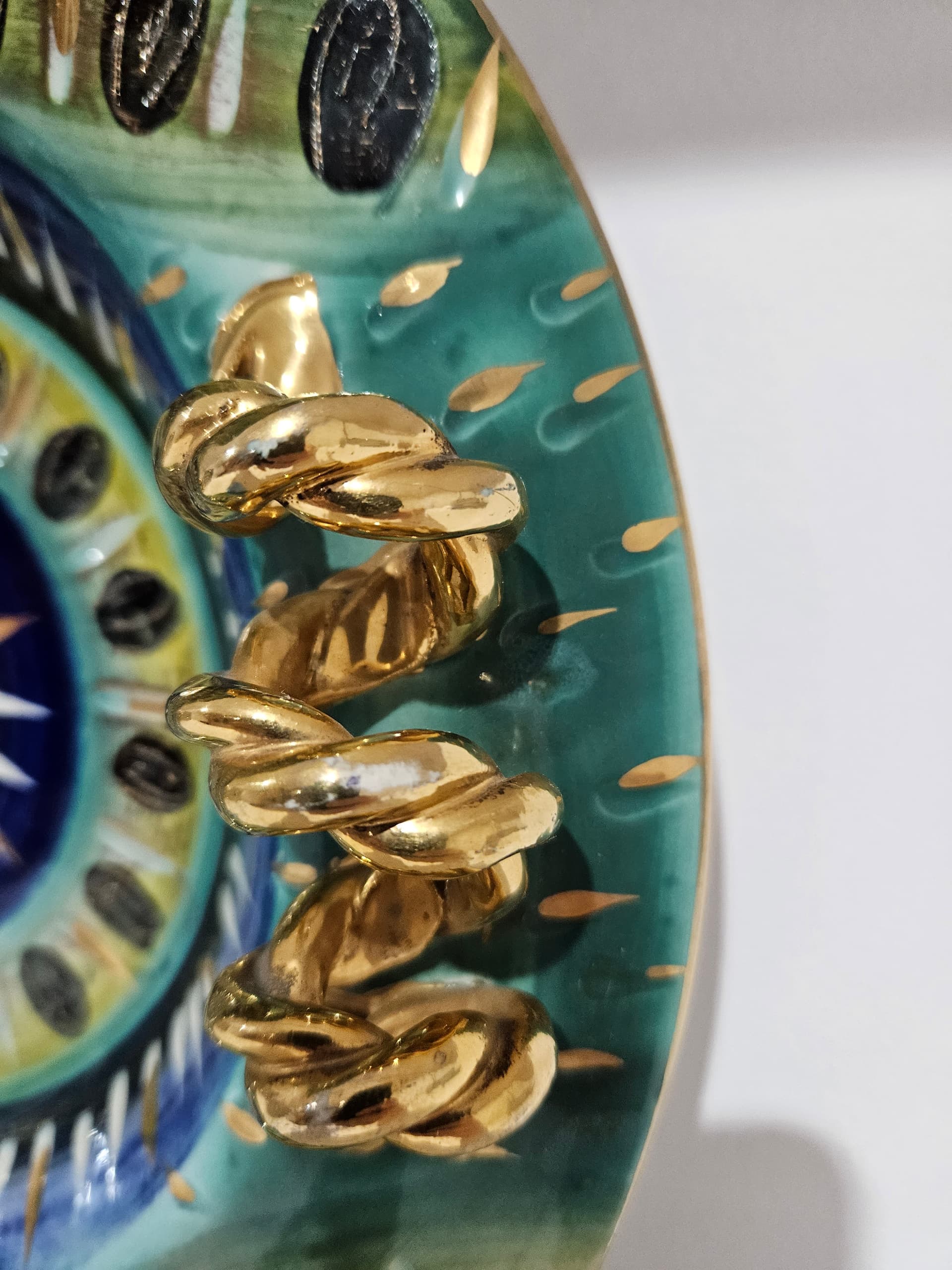 Centerpiece, H. Bequet Quaregnon, blue green yellow white black gold ceramic, Belgium, 1950s - 364163