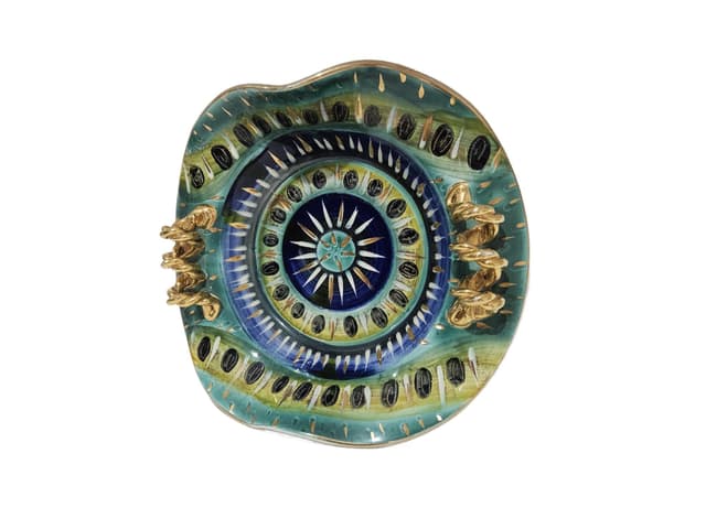 Centerpiece, H. Bequet Quaregnon, blue green yellow white black gold ceramic, Belgium, 1950s - DIMENSION