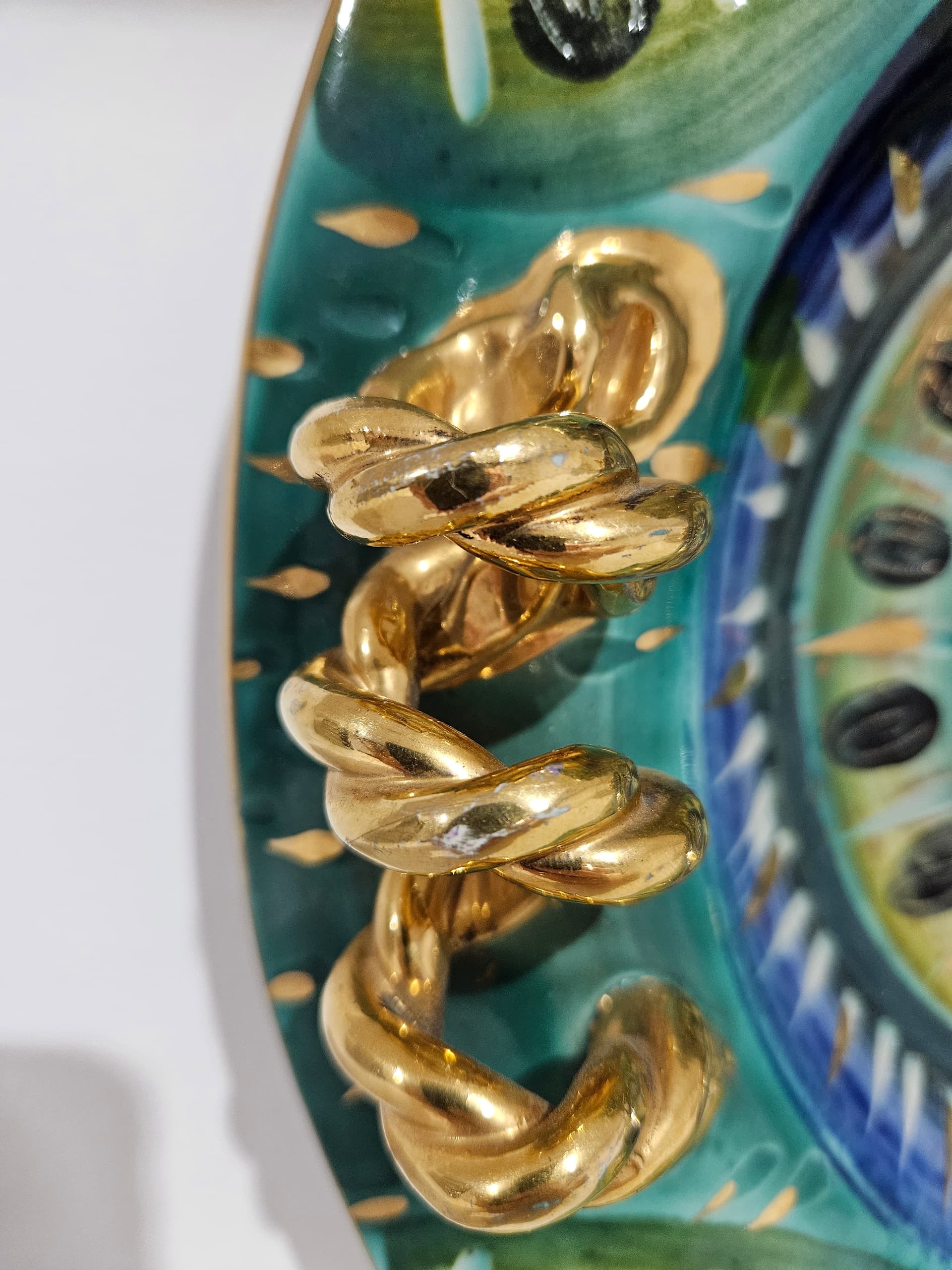 Centerpiece, H. Bequet Quaregnon, blue green yellow white black gold ceramic, Belgium, 1950s - 364158