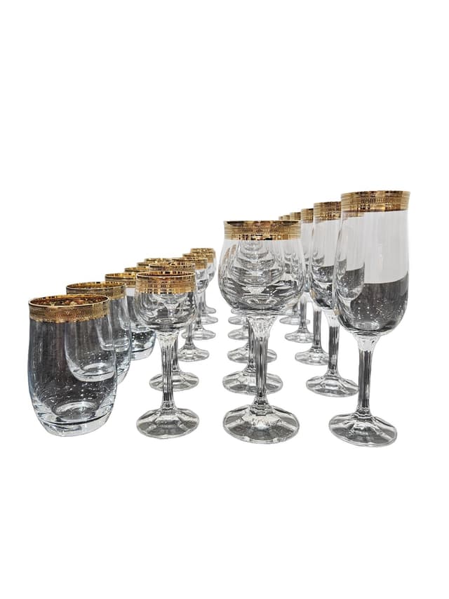 Set of twenty-four glasses and tumblers Bohemia Gold, clear crystal, gold, Bohemia, Czechia, 1970s. - DIMENSION