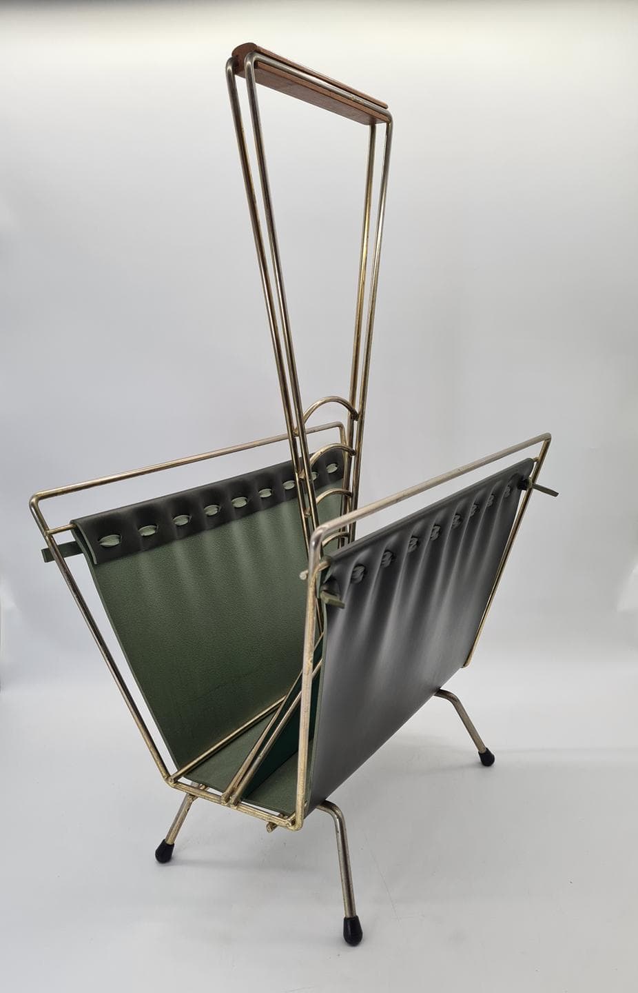 Magazine Rack Mid-Century Modern, silver chromed steel, brown wood, green vinyl, Germany, 1970s. - 364277