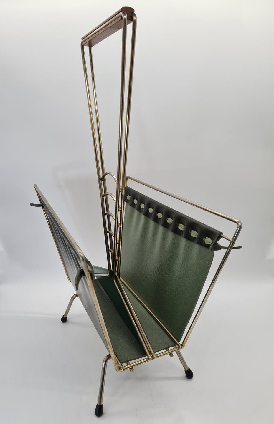 Magazine Rack Mid-Century Modern, silver chromed steel, brown wood, green vinyl, Germany, 1970s. - 364276