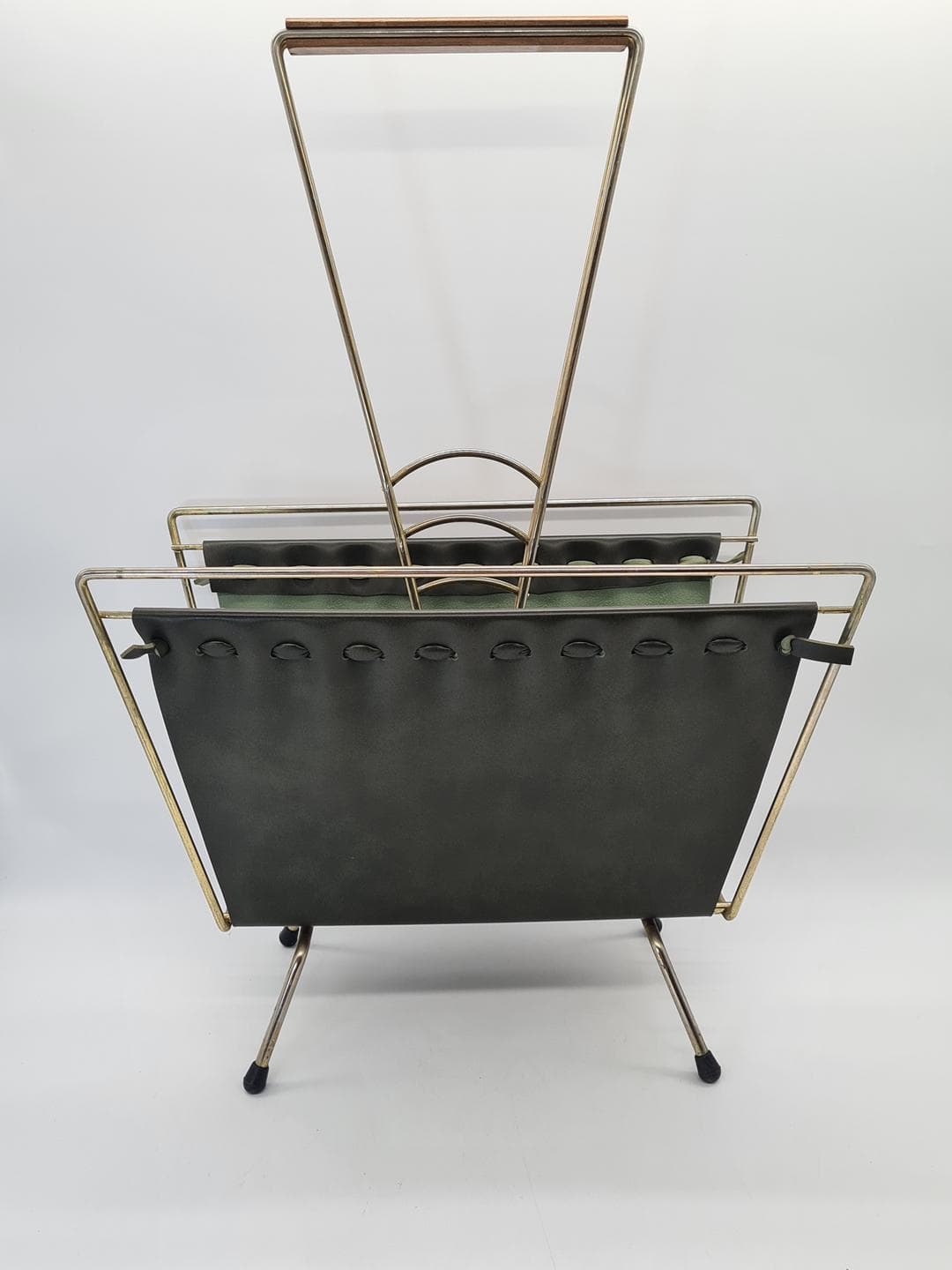 Magazine Rack Mid-Century Modern, silver chromed steel, brown wood, green vinyl, Germany, 1970s. - 364275
