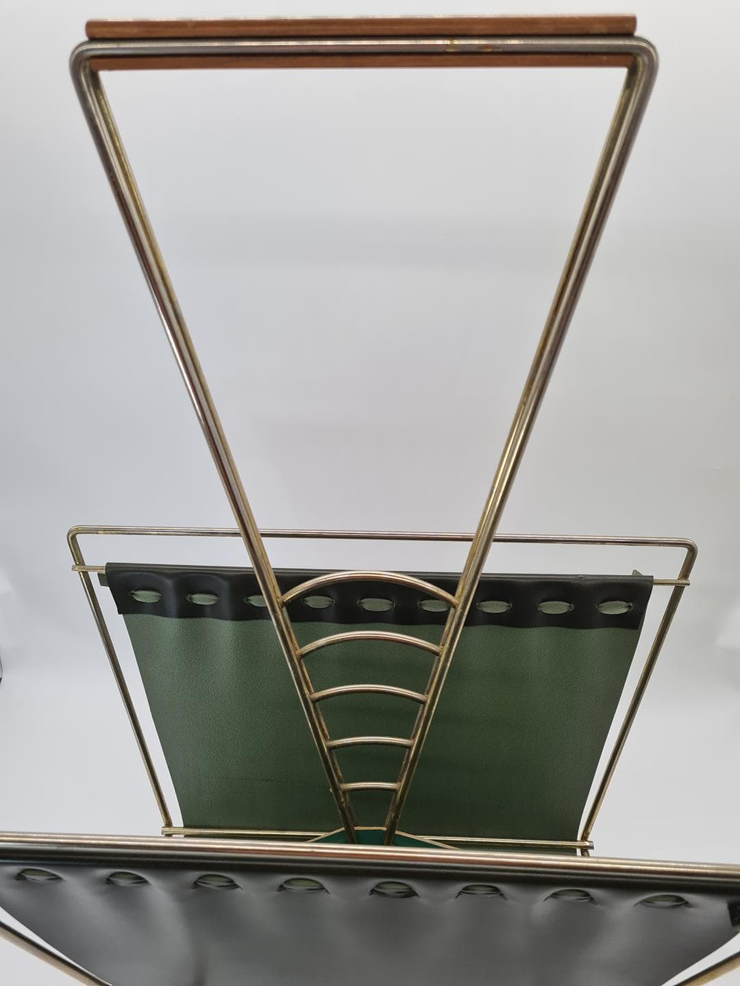 Magazine Rack Mid-Century Modern, silver chromed steel, brown wood, green vinyl, Germany, 1970s. - 364278