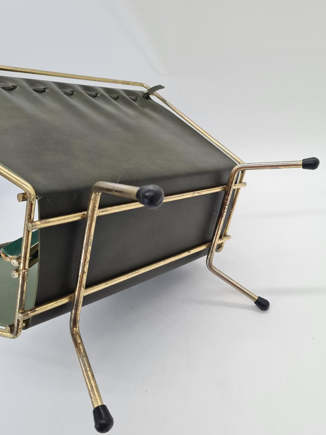 Magazine Rack Mid-Century Modern, silver chromed steel, brown wood, green vinyl, Germany, 1970s. - 364273