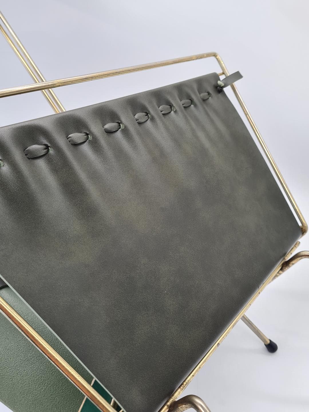 Magazine Rack Mid-Century Modern, silver chromed steel, brown wood, green vinyl, Germany, 1970s. - 364280