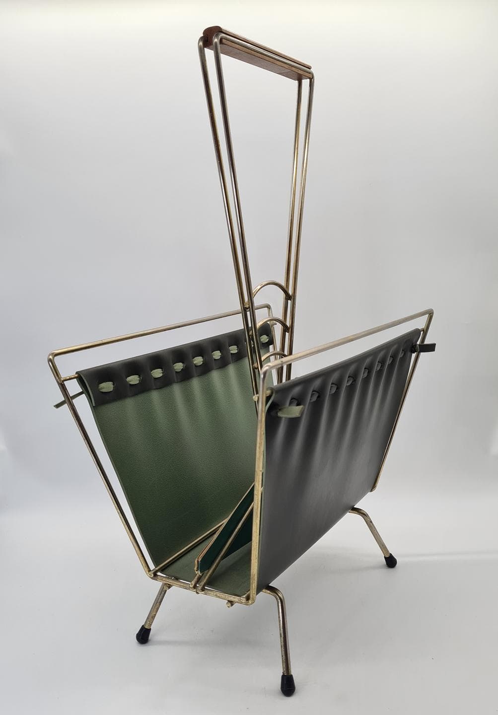 Magazine Rack Mid-Century Modern, silver chromed steel, brown wood, green vinyl, Germany, 1970s. - 364274