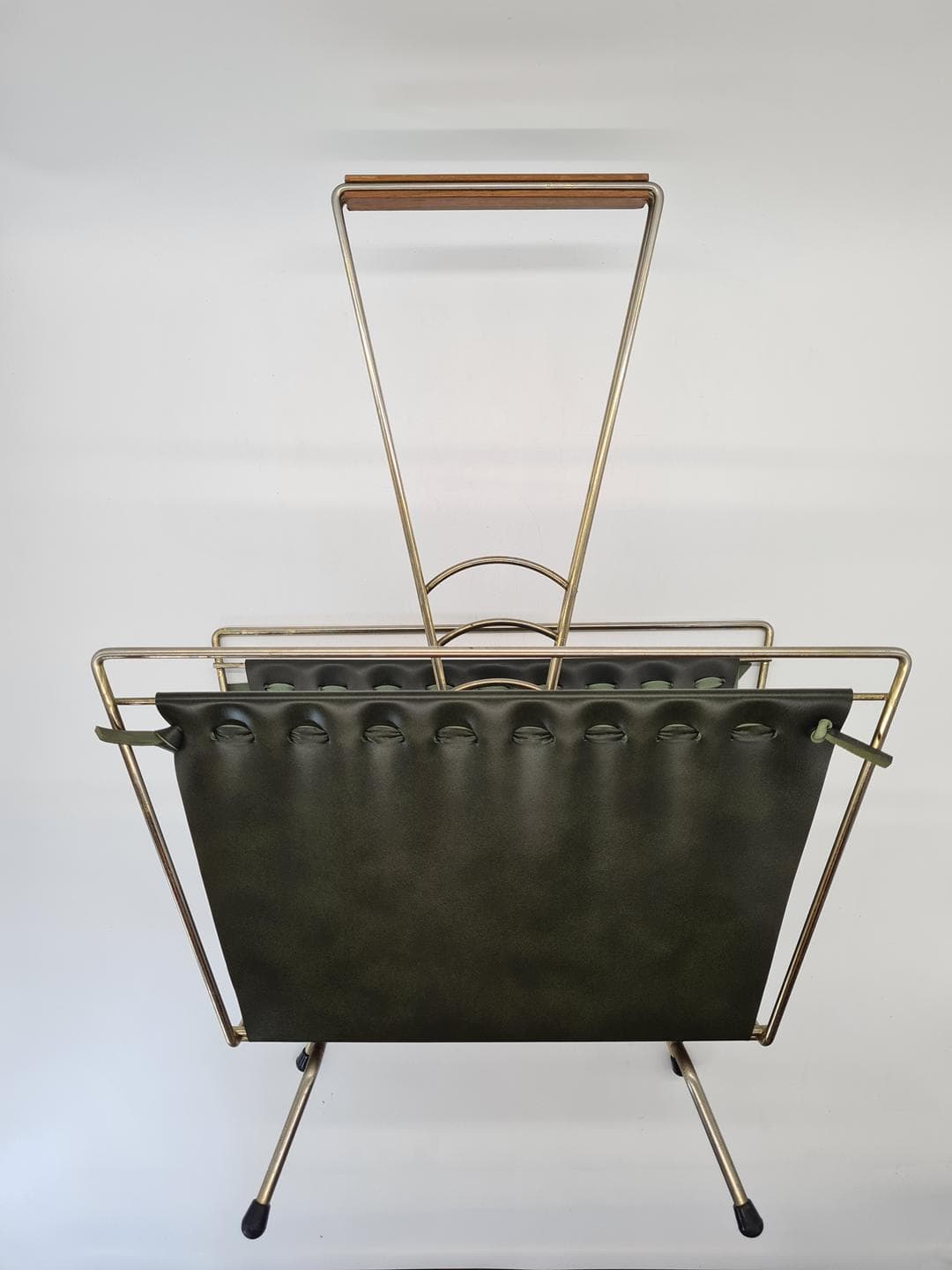 Magazine Rack Mid-Century Modern, silver chromed steel, brown wood, green vinyl, Germany, 1970s. - 364279